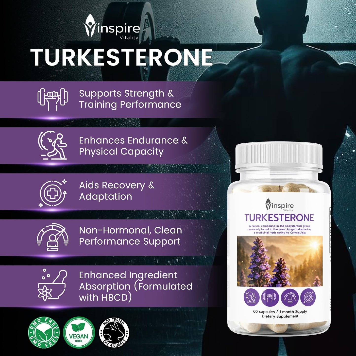 Inspire Vitality LLC Turkesterone Capsules Pure 500mg Natural Ajuga Turkestanica Extract Ecydysterone, Non-GMO, 60 Capsules