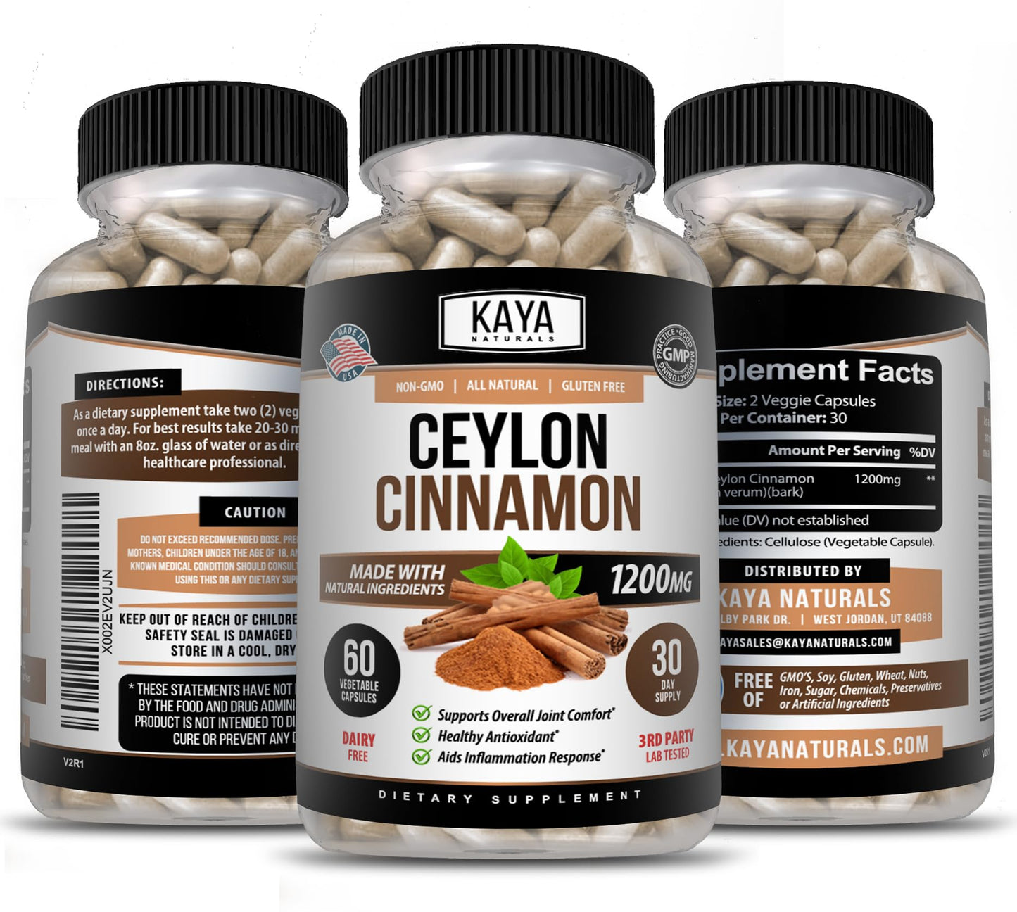 Kaya Naturals Organic Ceylon Cinnamon Supplement 1200mg per Serving, 60 Capsules