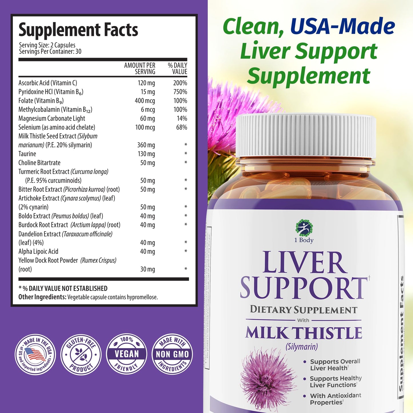 1 Body Liver Cleanse Detox & Repair – Milk Thistle Liver Support Supplement with Turmeric & Artichoke for Healthy Liver Function – Herbal Liver Health Formula for Fatty Liver Capsule, 60 Count
