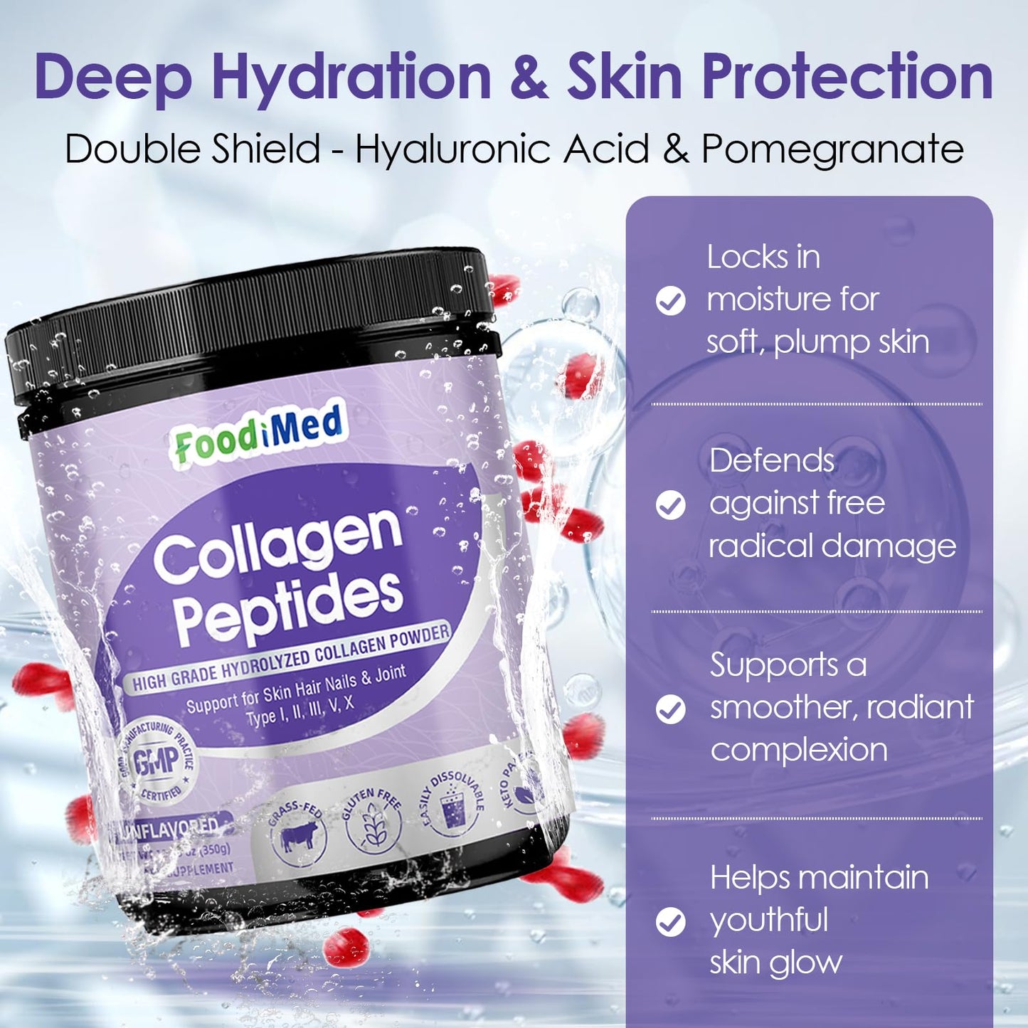 FoodiMed Collagen Peptides Powder with Vitamin C, Hyaluronic Acid & Biotin, 12.35 Ounce