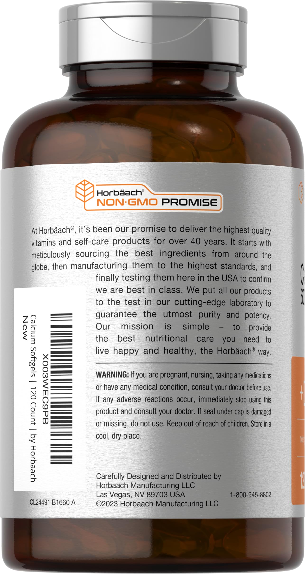Horbäach Calcium Supplement with Vitamin D3 600 mg Softgels, 120 Count