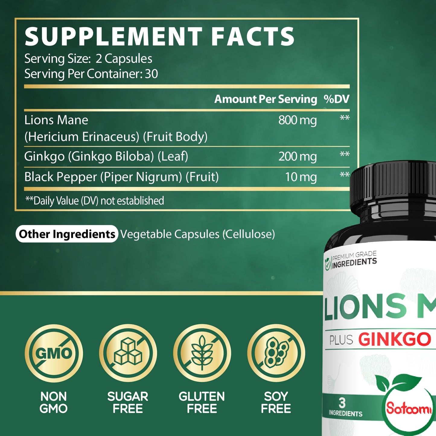 Satoomi Lions Mane with Ginkgo Biloba Supplement Capsule, 60 Count