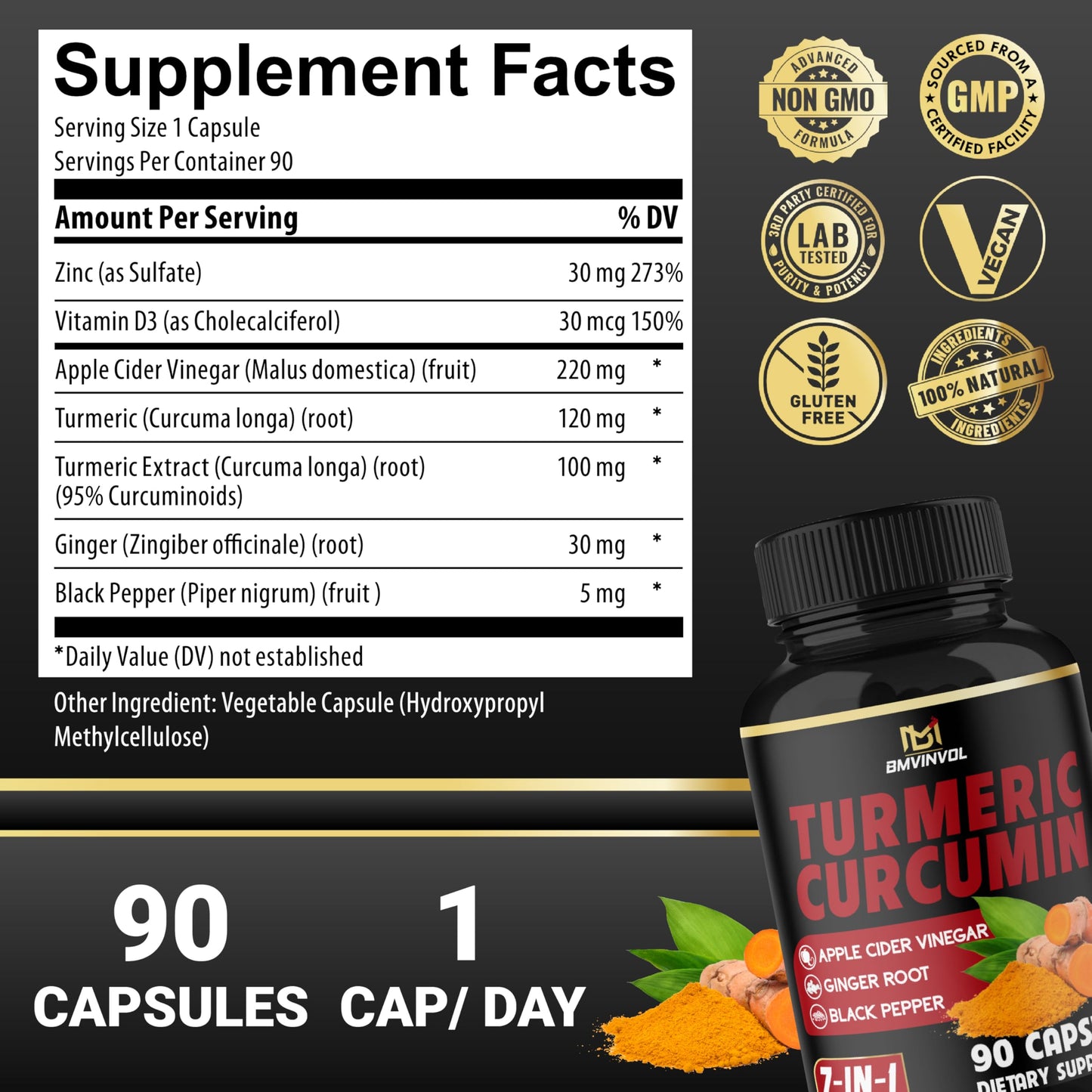 BMVINVOL Turmeric Curcumin with 95% Curcuminoids & Apple Cider Vinegar, Ginger Root & Black Pepper for Advanced Absorption Capsules, 90 Count