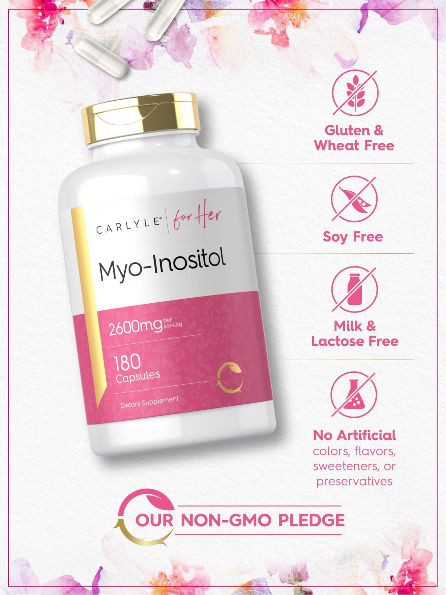 Carlyle Myo-Inositol Women's Supplement 2600mg Capsules, 180 Count