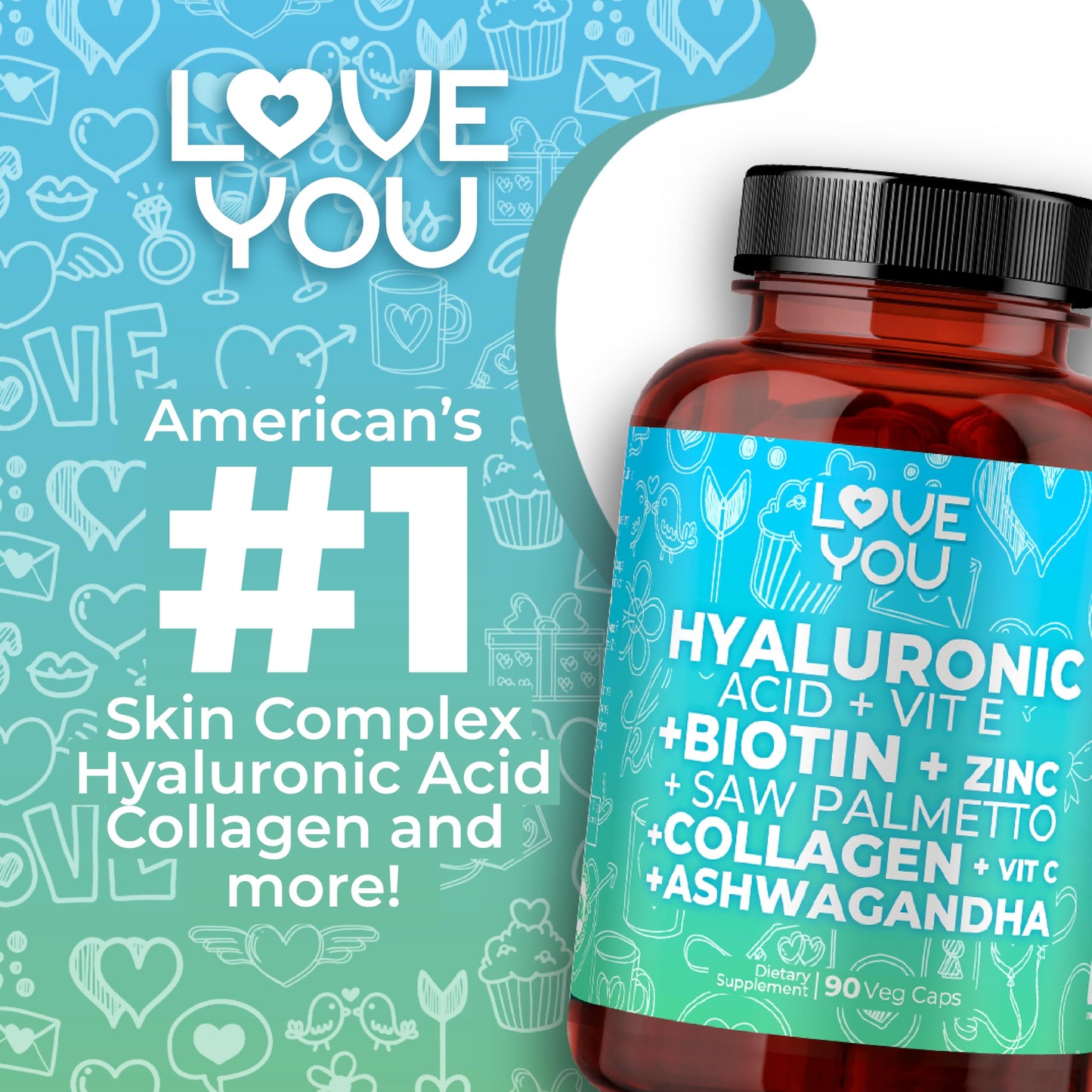 Love You Hyaluronic Acid + Collagen Complex - Beauty & Joint Support with Biotin 10,000 mcg, Zinc, Saw Palmetto & Ashwagandha, 90 Capsules