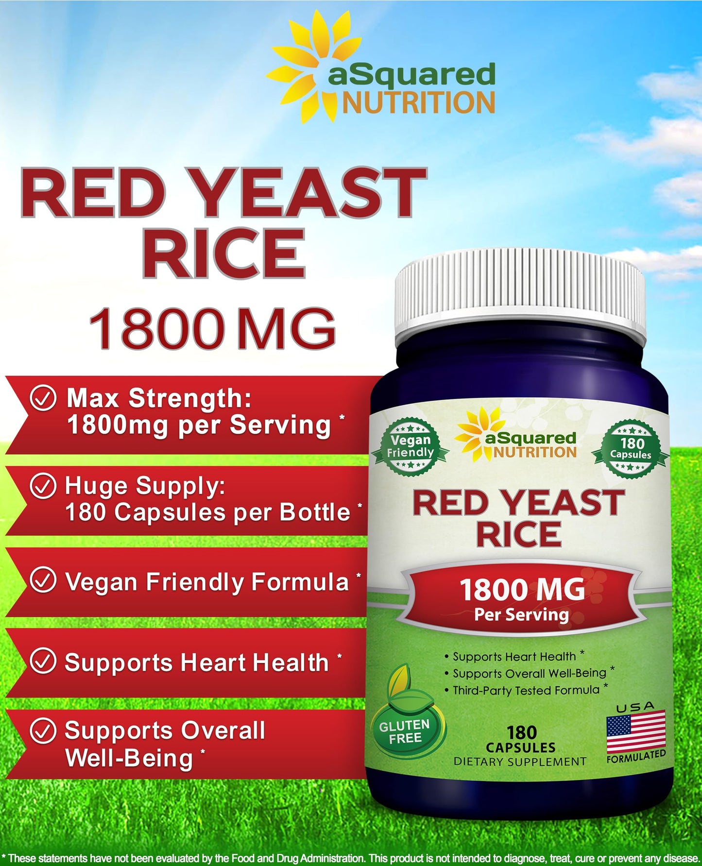 aSquared Nutrition Red Yeast Rice 1800mg Capsules 180 Count