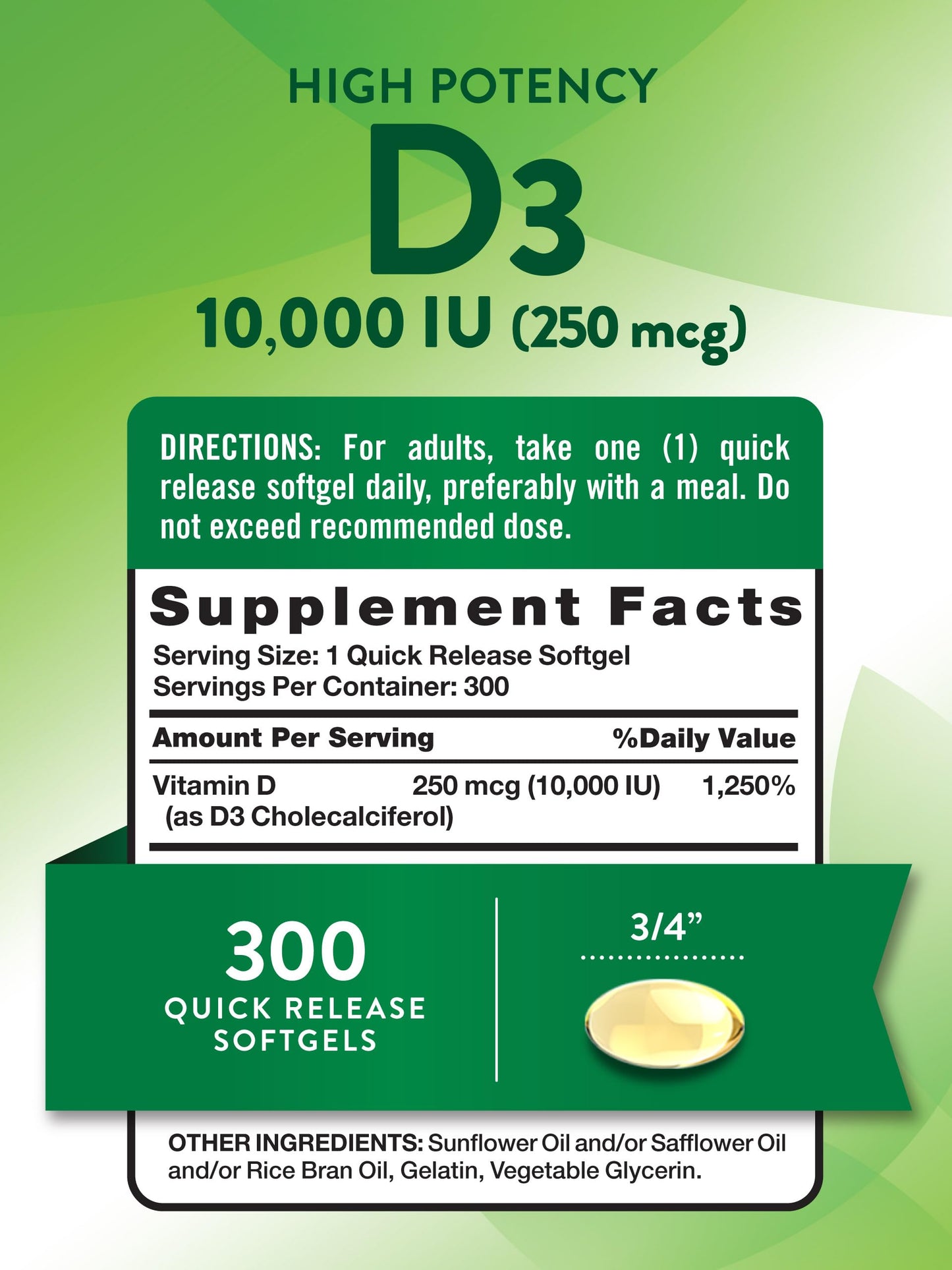 Nature's Truth Vitamin D3 10000 IU Softgels 300 Count