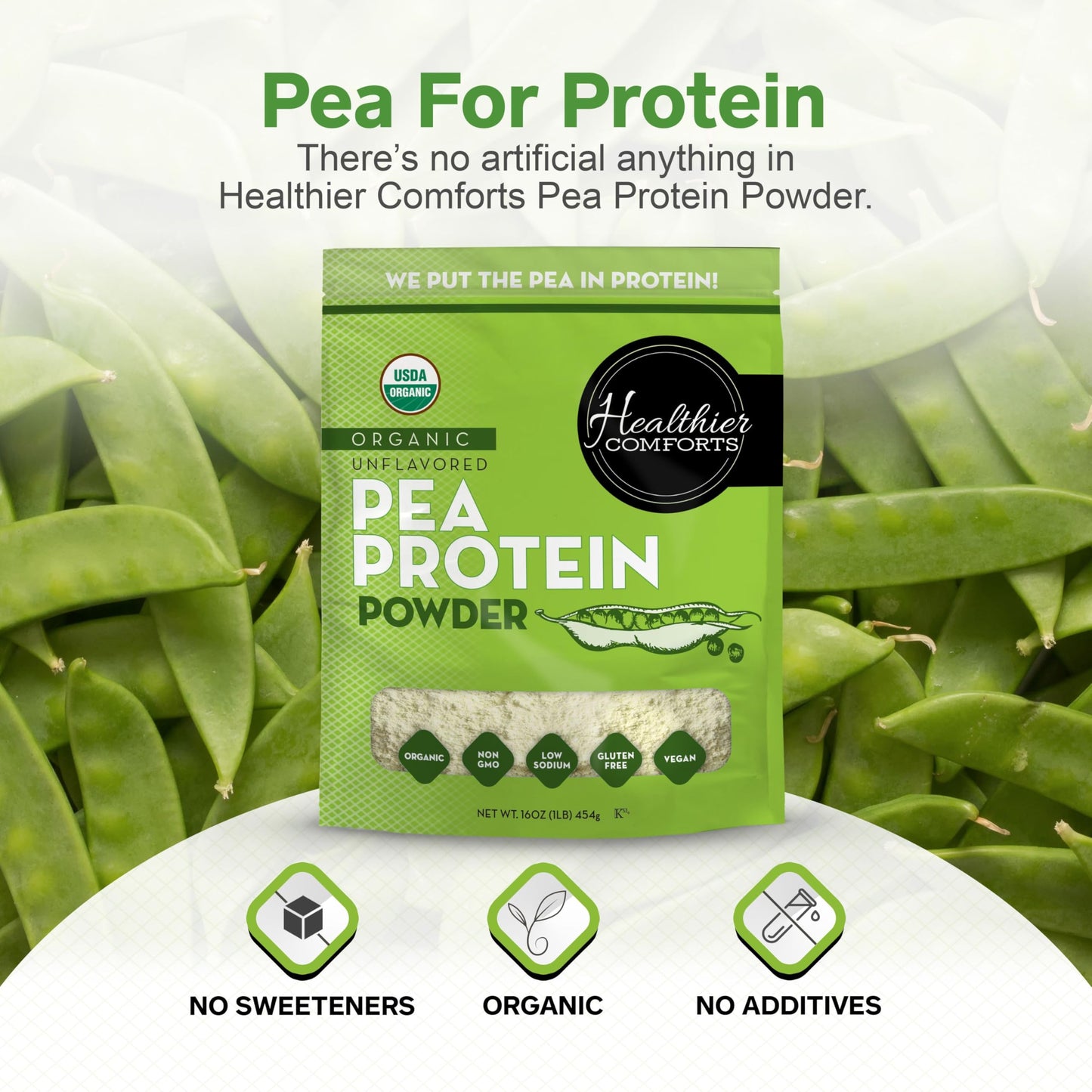 Healthier Comforts Organic Unflavored Pea Protein Powder 16 oz