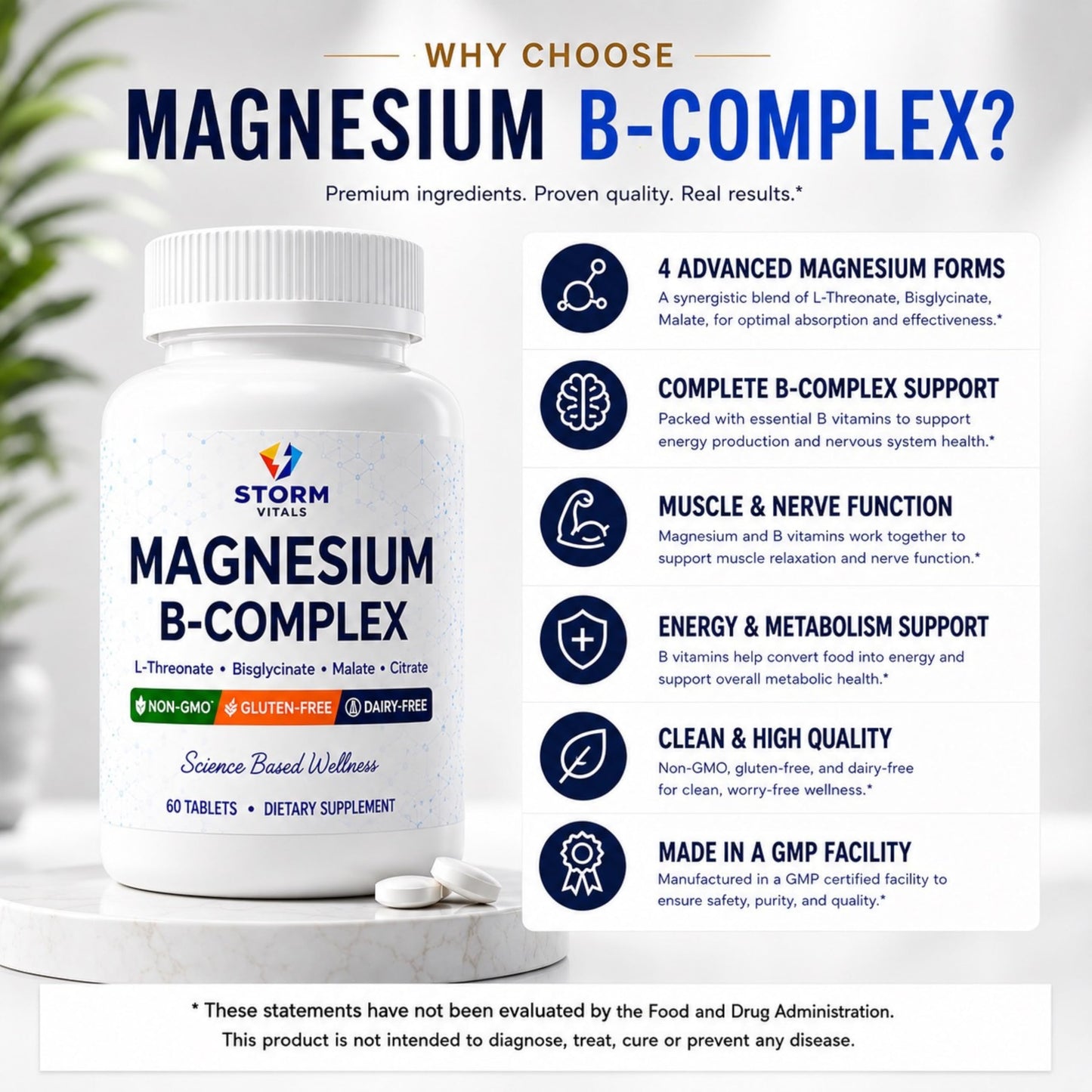 STORM VITALS Magnesium + B-Complex with Choline & Zinc Time Release Tablets, 120 Count
