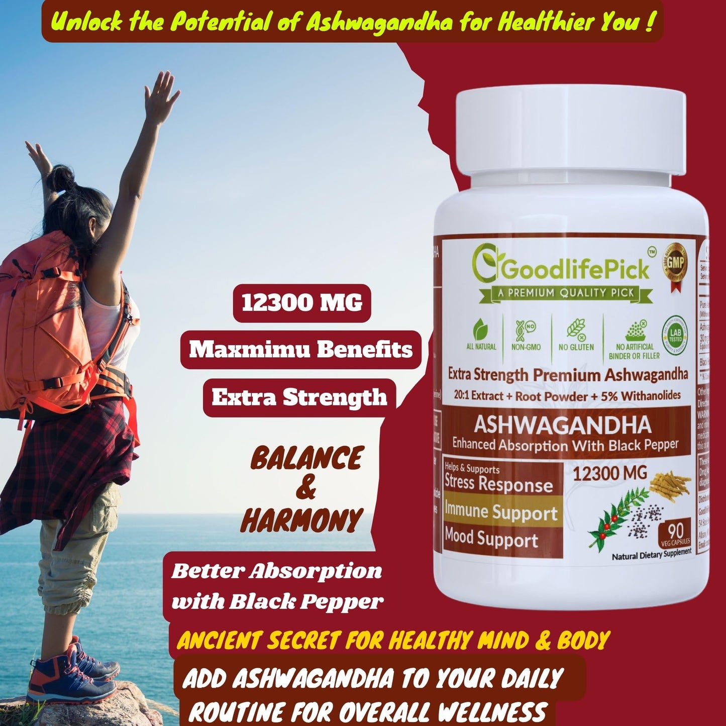GoodlifePick Ashwagandha Capsules with Black Pepper, 20:1 Ashwagandha Extract, 5% Withanolides, 180 Capsules