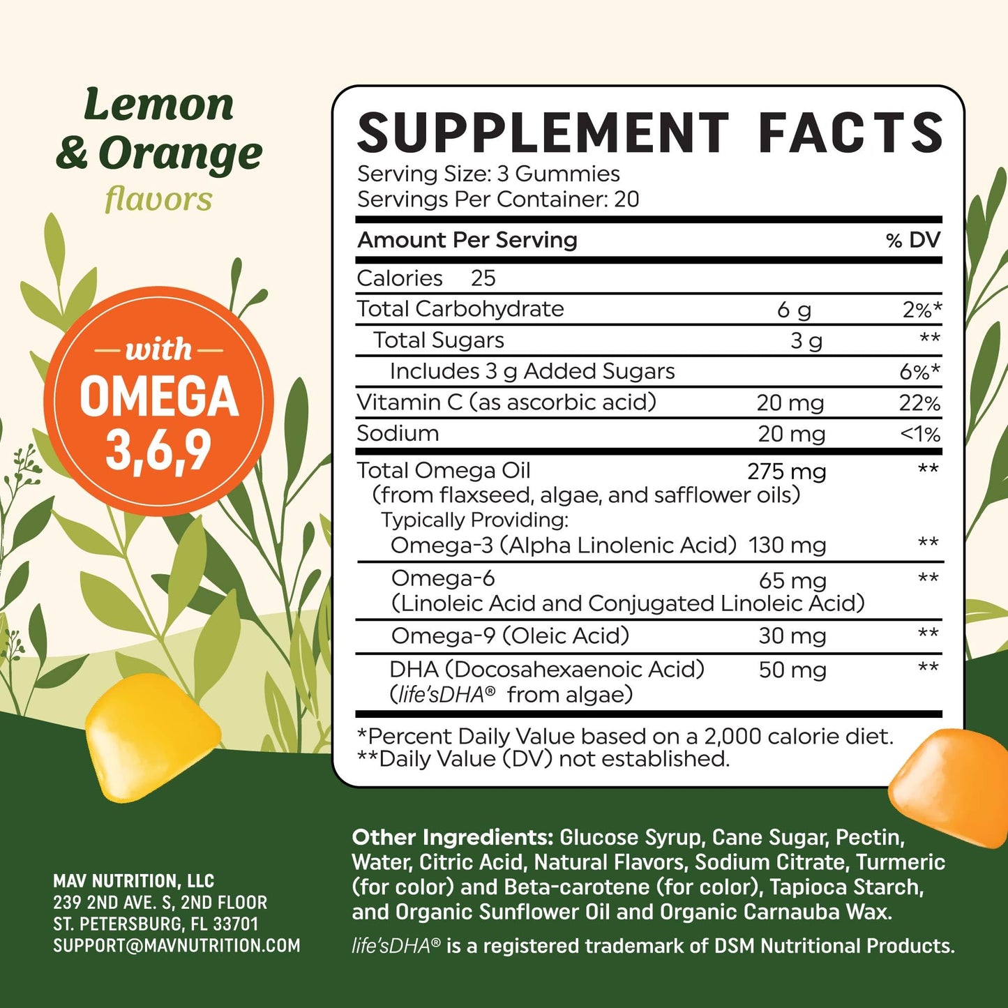 MAV NUTRITION Omega 3 6 9 + DHA Gummies, Plant-Based Triple Omegas, 60 Gummies