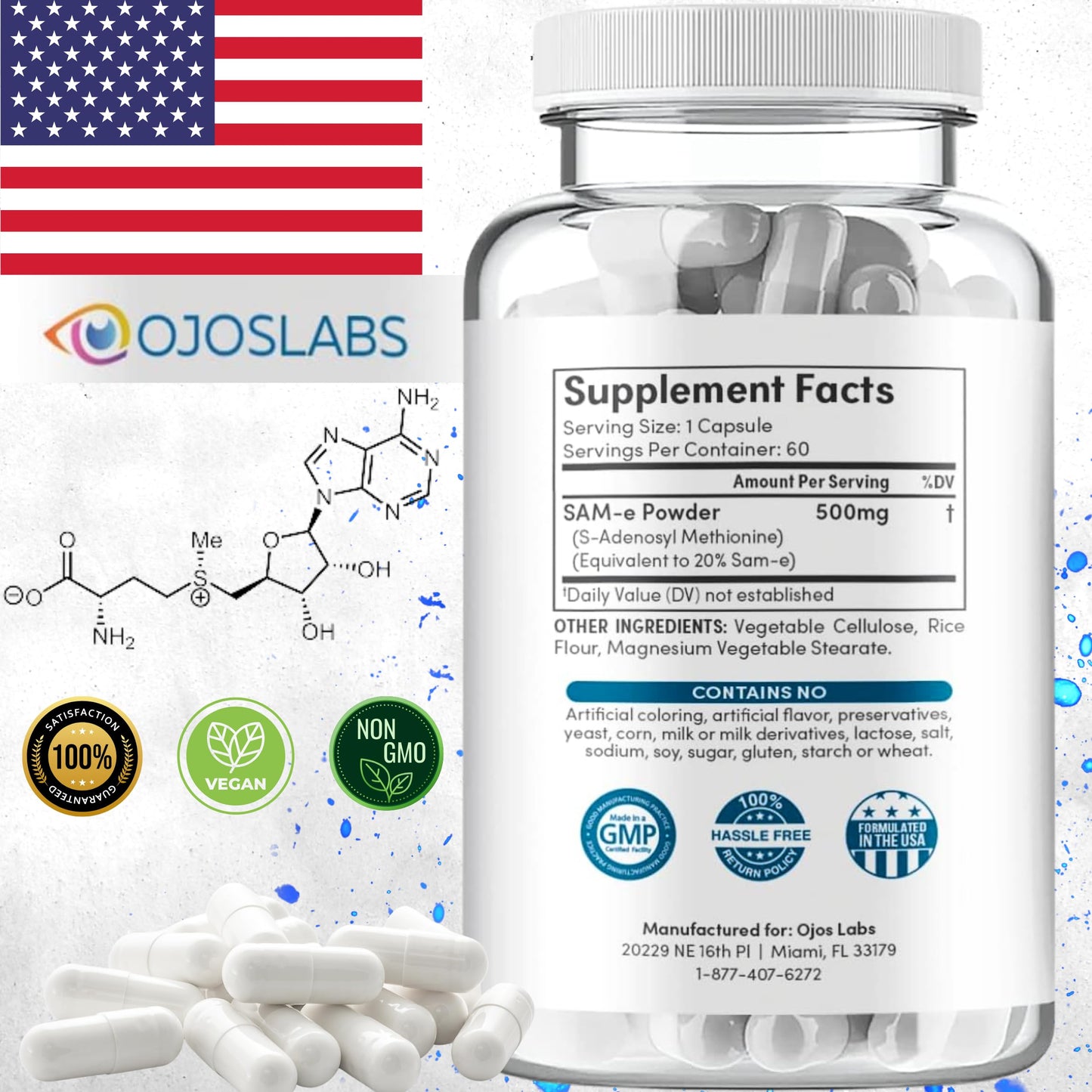 OjosLabs SAM-e 500mg Methionine Capsule, 60 Count