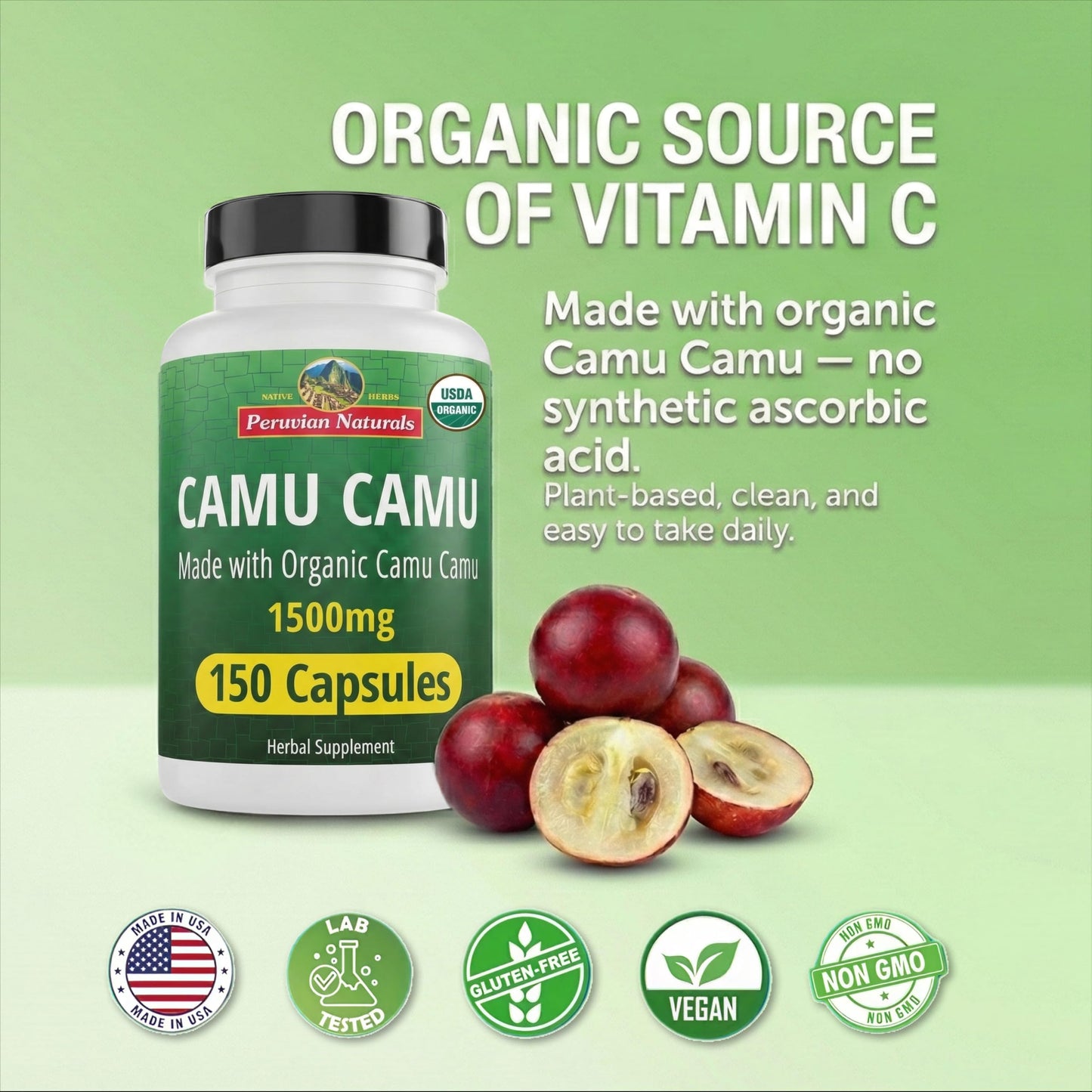 Peruvian Naturals Vitamin C from Camu Camu Capsules 1500 mg, 150 Capsules
