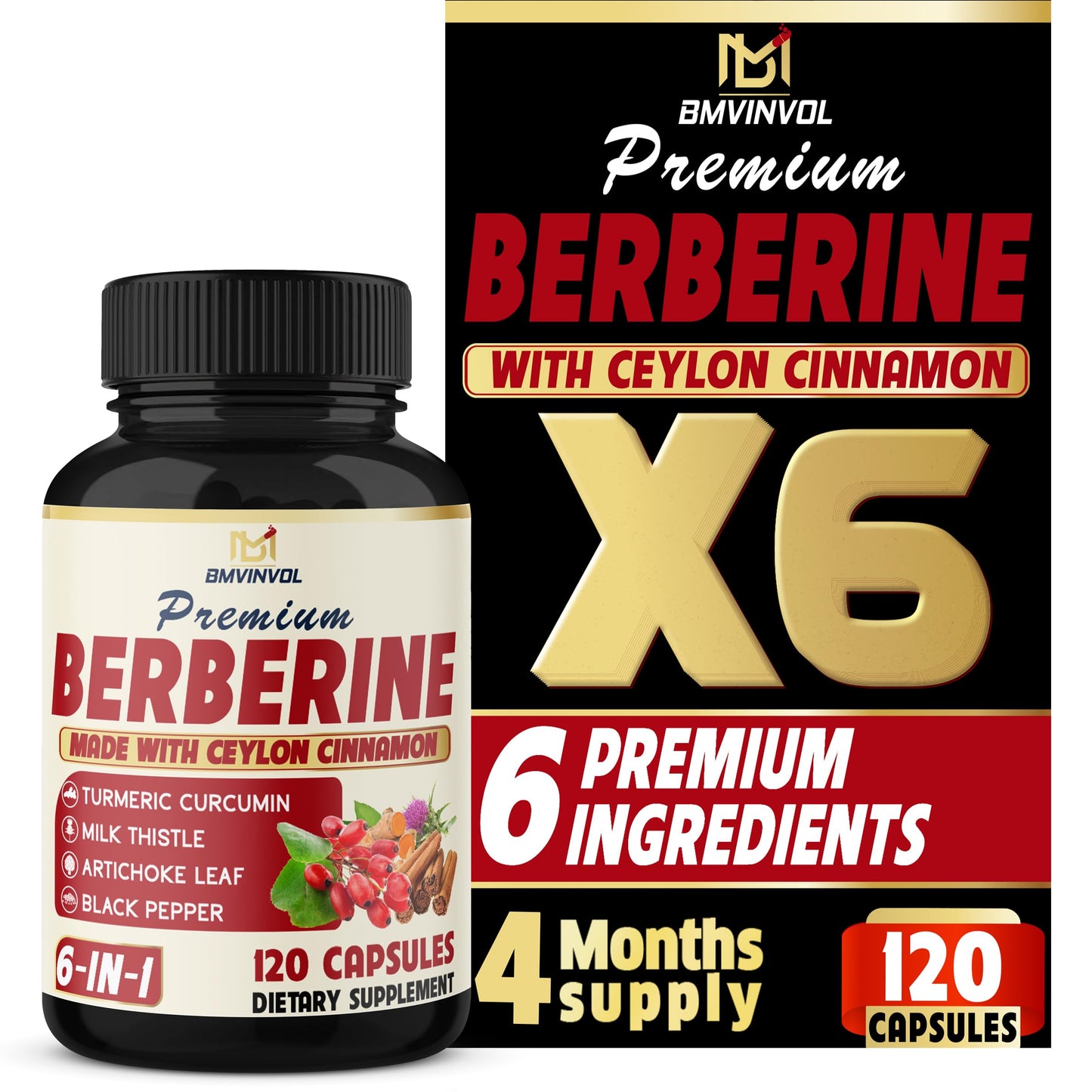 BMVINVOL 6in1 Berberine Supplement with Ceylon Cinnamon, Turmeric Root, Milk Thistle, Artichoke, Black Pepper Capsules, 120 Count