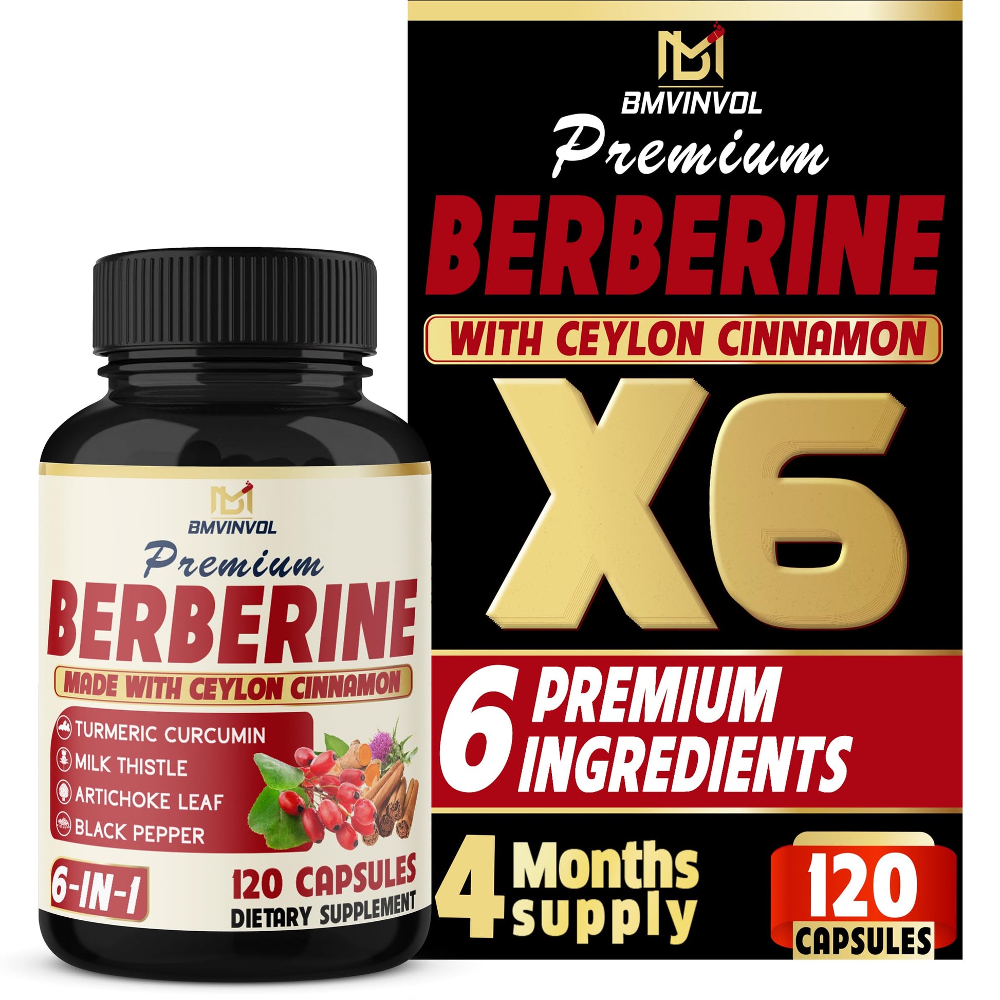 BMVINVOL 6in1 Berberine Supplement with Ceylon Cinnamon, Turmeric Root, Milk Thistle, Artichoke, Black Pepper Capsules, 120 Count