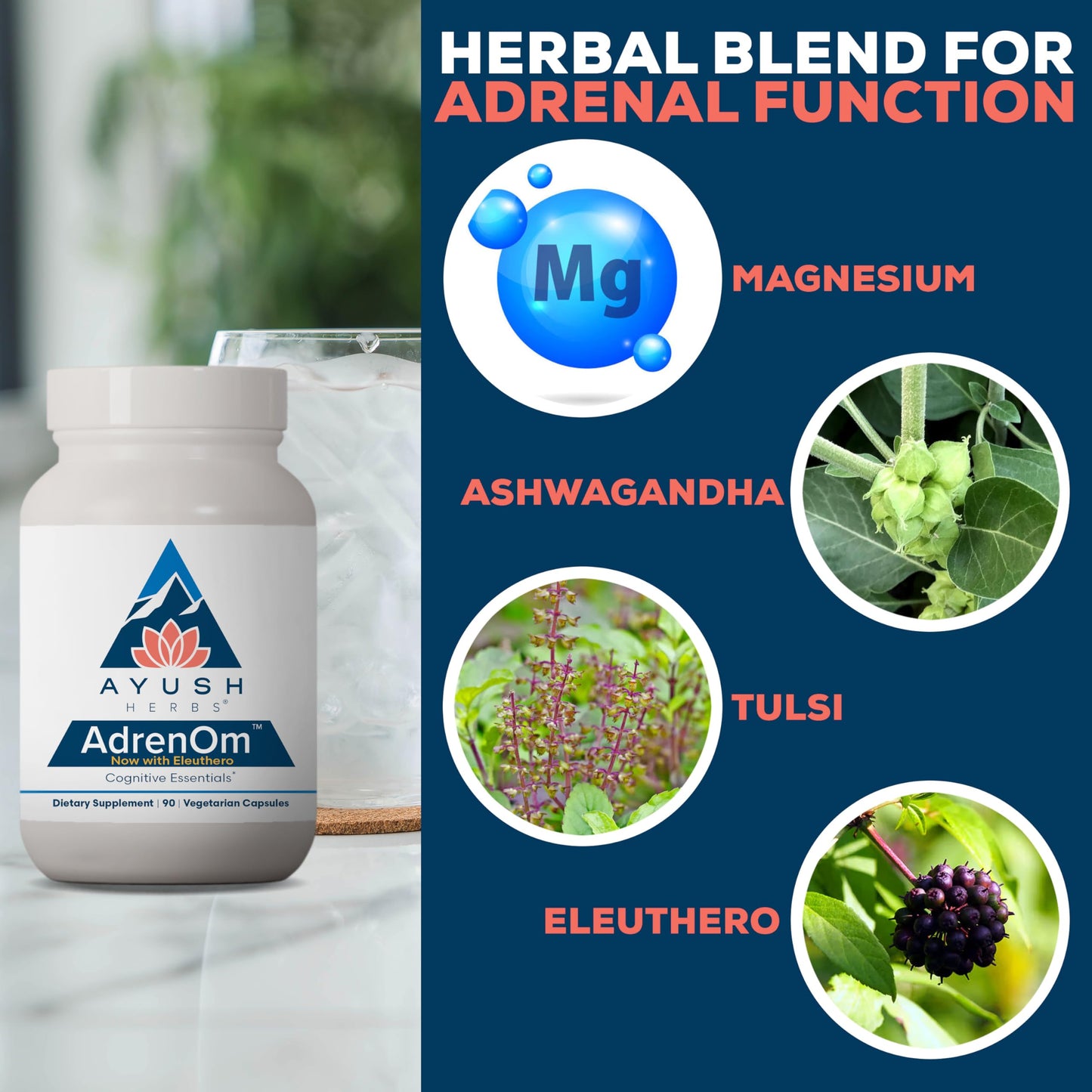 Ayush Herbs AdrenOm Ayurvedic Adrenal and Stress-Support Supplement Capsule, 90 Count