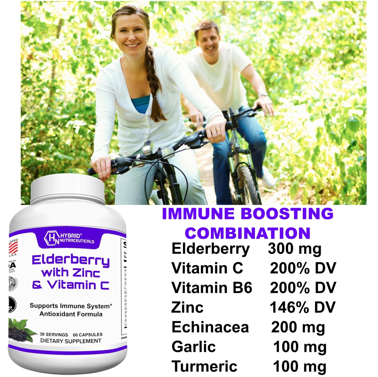 Hybrid Nutraceuticals Black Elderberry Capsules with Echinacea, Turmeric, Garlic, Zinc, Vitamins C, E and B6, Probiotics and L-Glutamine, 60 Capsules