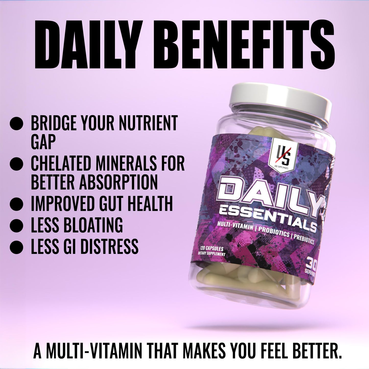 UXO Supplements Multi-Vitamin & Gut Health (All-in-One) Probiotics, Prebiotics, and Digestive Enzymes Capsule, 120 Count