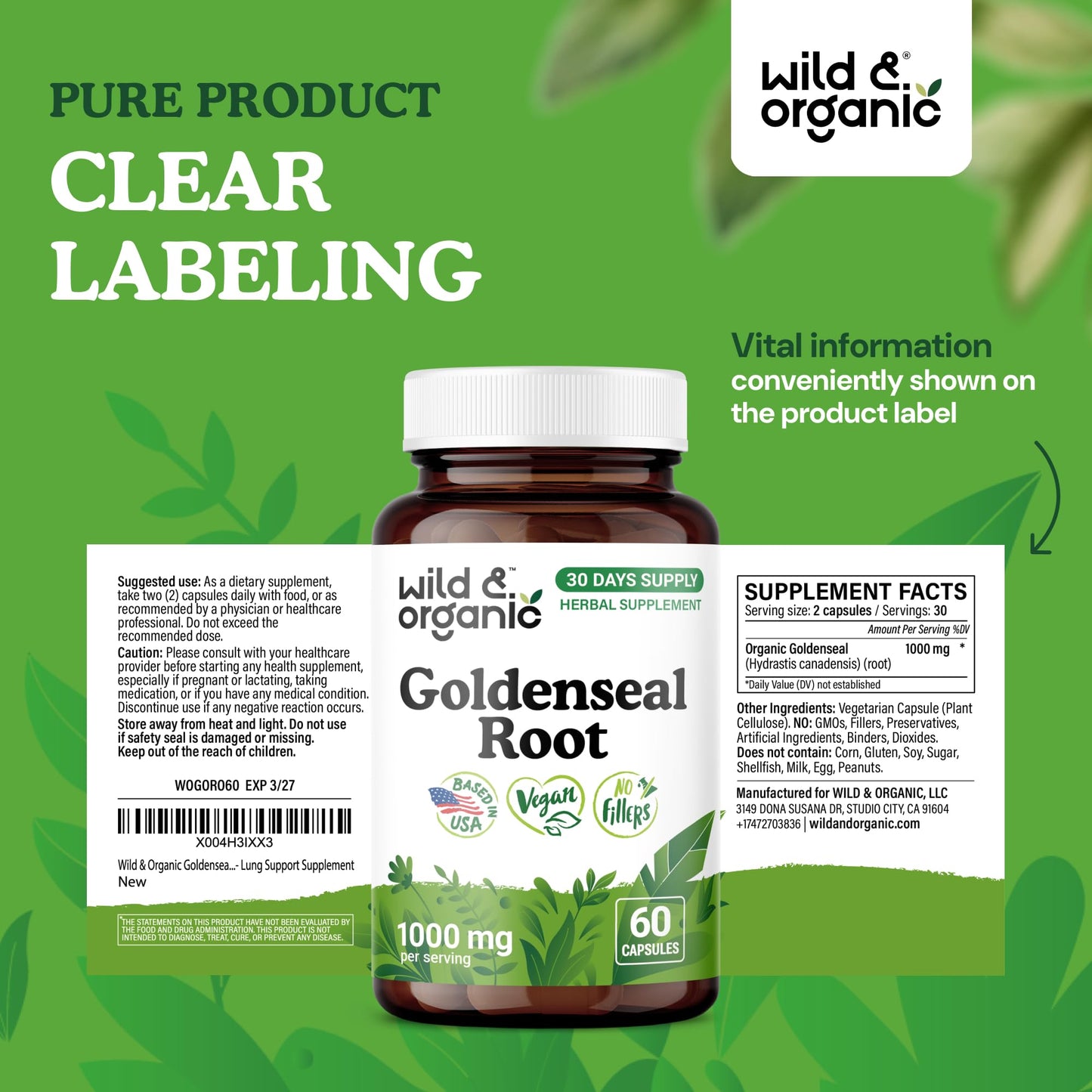 Wild & Organic Goldenseal Root Capsules 1000mg 60 Capsules