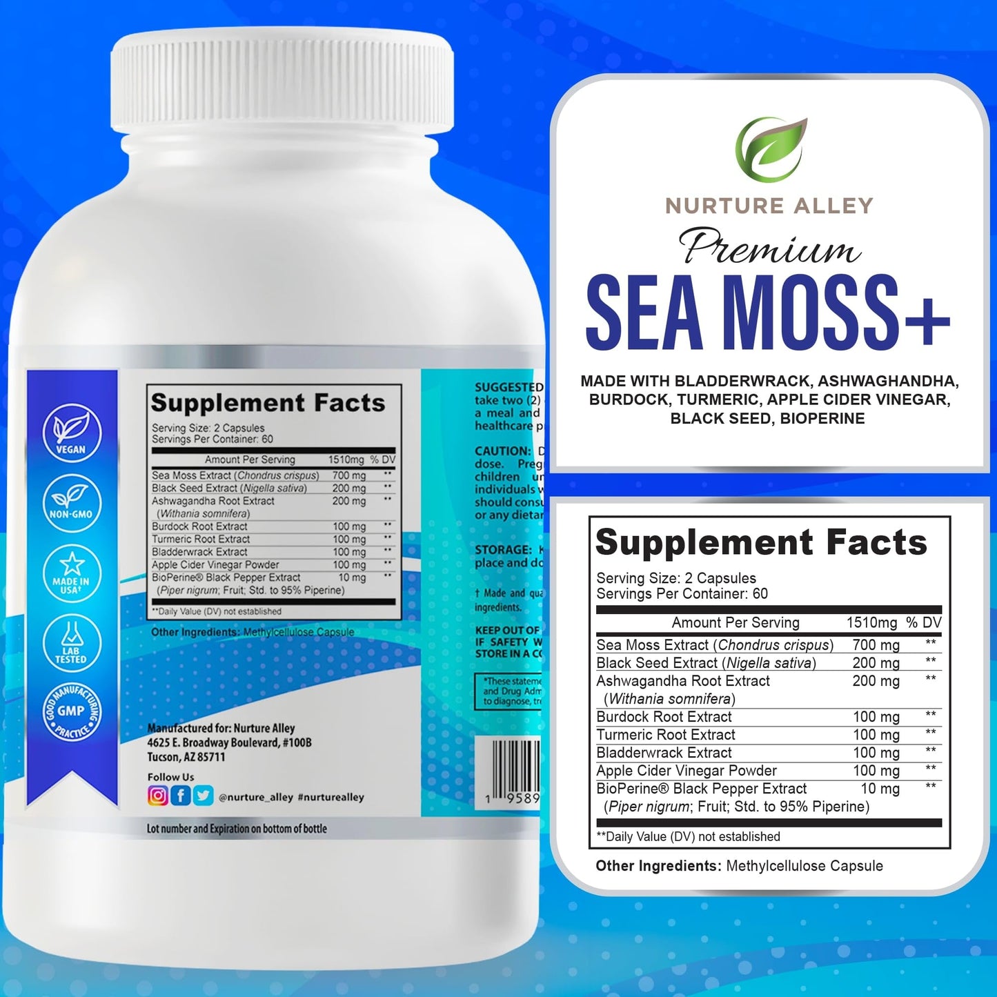 NURTURE ALLEY 8-in-1 Sea Moss & Black Seed Complex with Ashwagandha, Turmeric, Burdock, Bladderwrack, Apple Cider Vinegar & BioPerine Capsule, 120 Count
