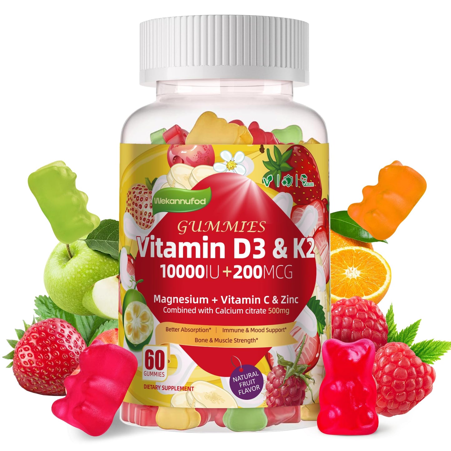 Wekannufod Sugar-Free Vitamin D3 K2 Gummy 60 Gummies