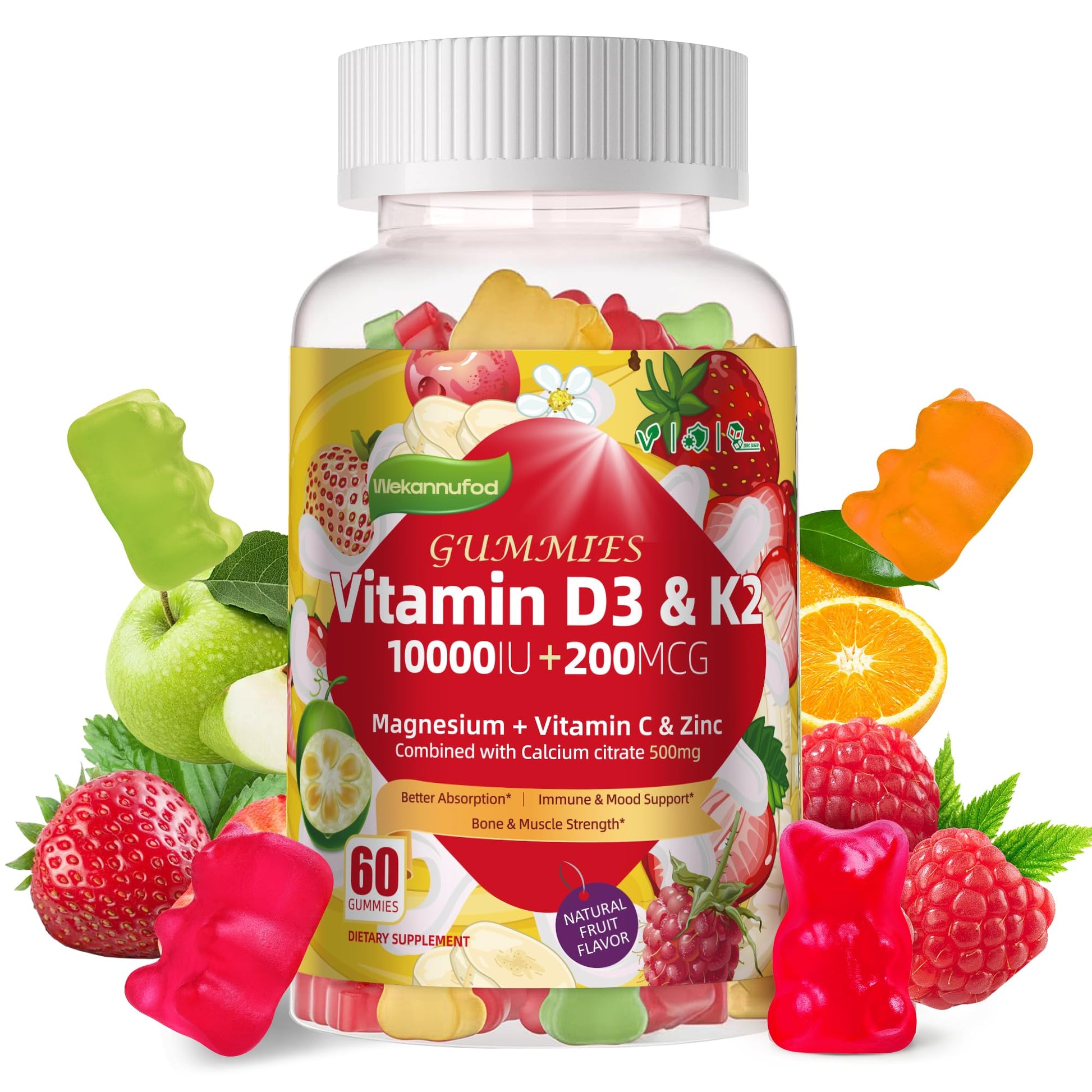 Wekannufod Sugar-Free Vitamin D3 K2 Gummy 60 Gummies