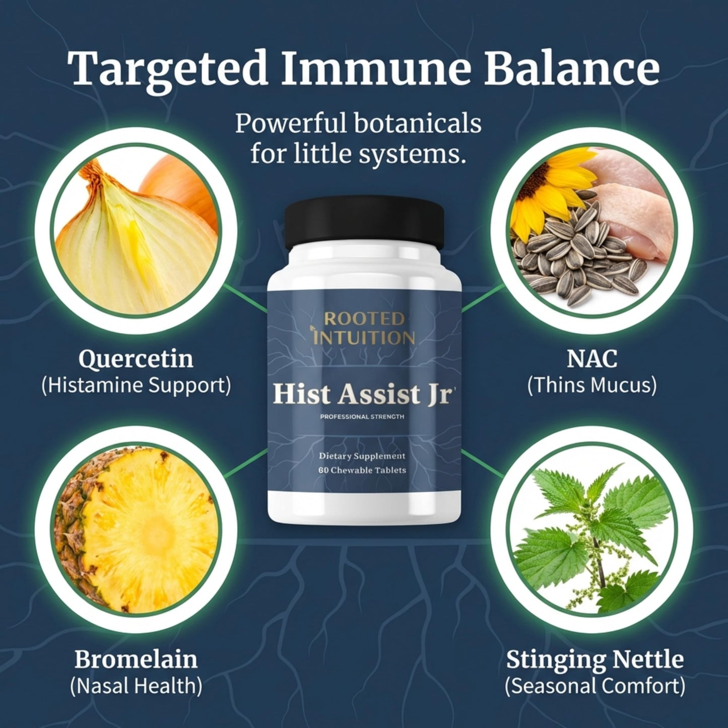 Rooted Intuition Hist Assist Jr Kids Chewable Seasonal Support with Quercetin, NAC, Bromelain & Vitamin C, 60 Chewable Tablets