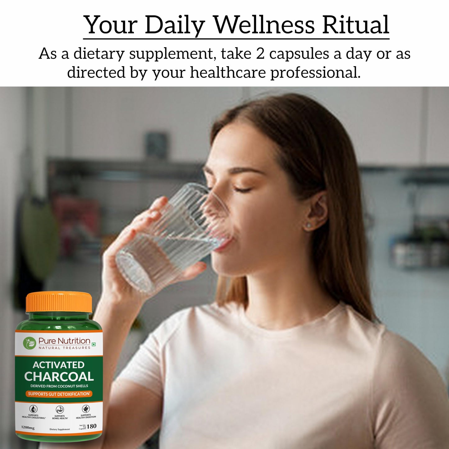 Pure Nutrition Natural Treasures Activated Charcoal 600mg - Coconut Shell Derived Capsules, 180 Capsules
