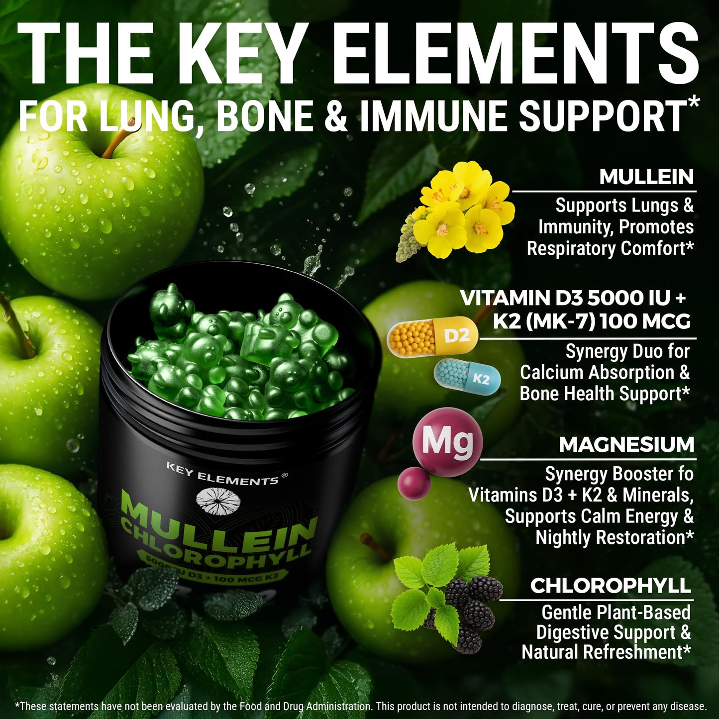 KEY ELEMENTS Mullein Gummies with Chlorophyll, Vitamin D3 5000 IU & Vitamin K2 100 MCG Gummy 60 Count