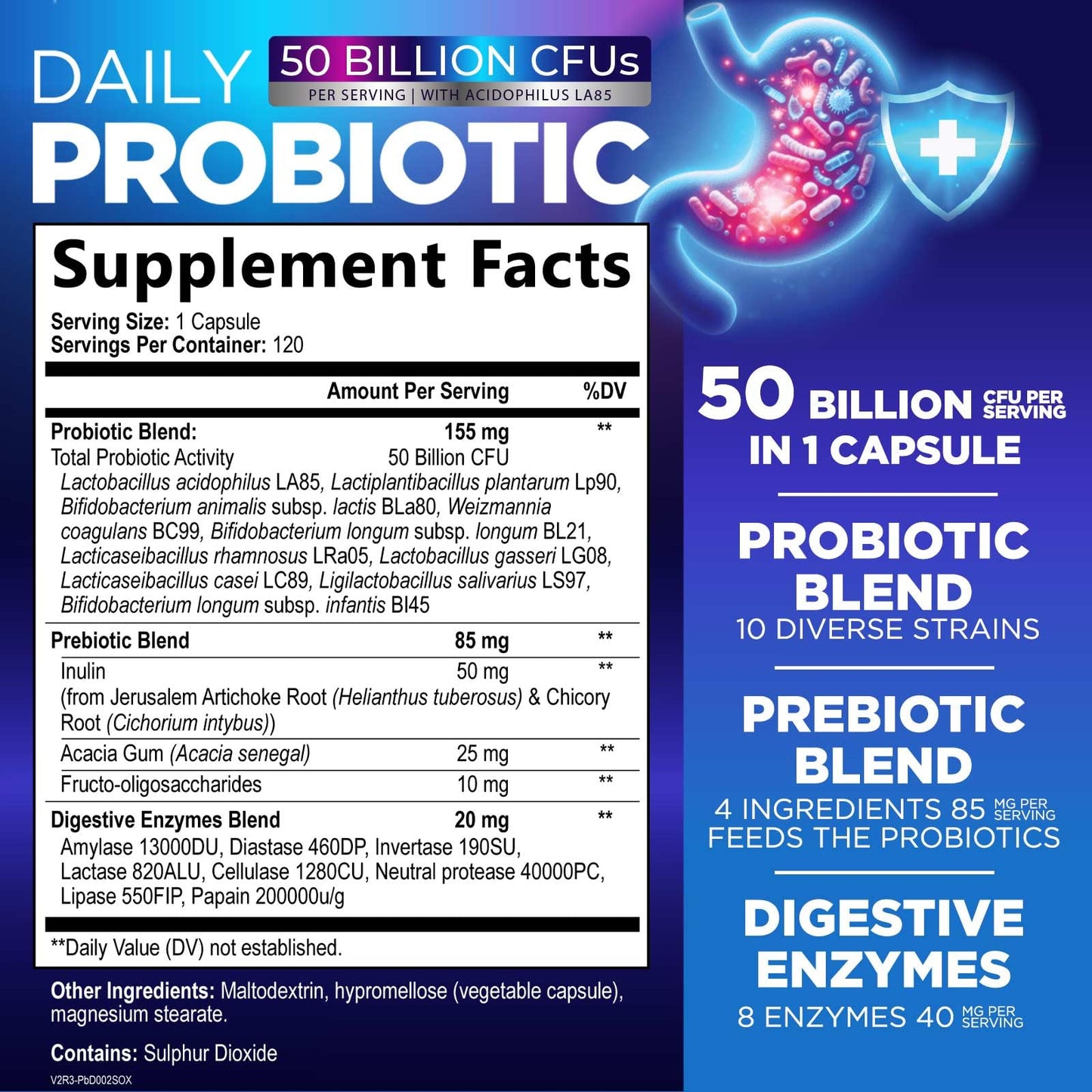 Nature's Peak Probiotics 50 Billion CFU per Capsule, 10 Premium Strains + Digestive Enzymes & Prebiotics, 120 Capsules