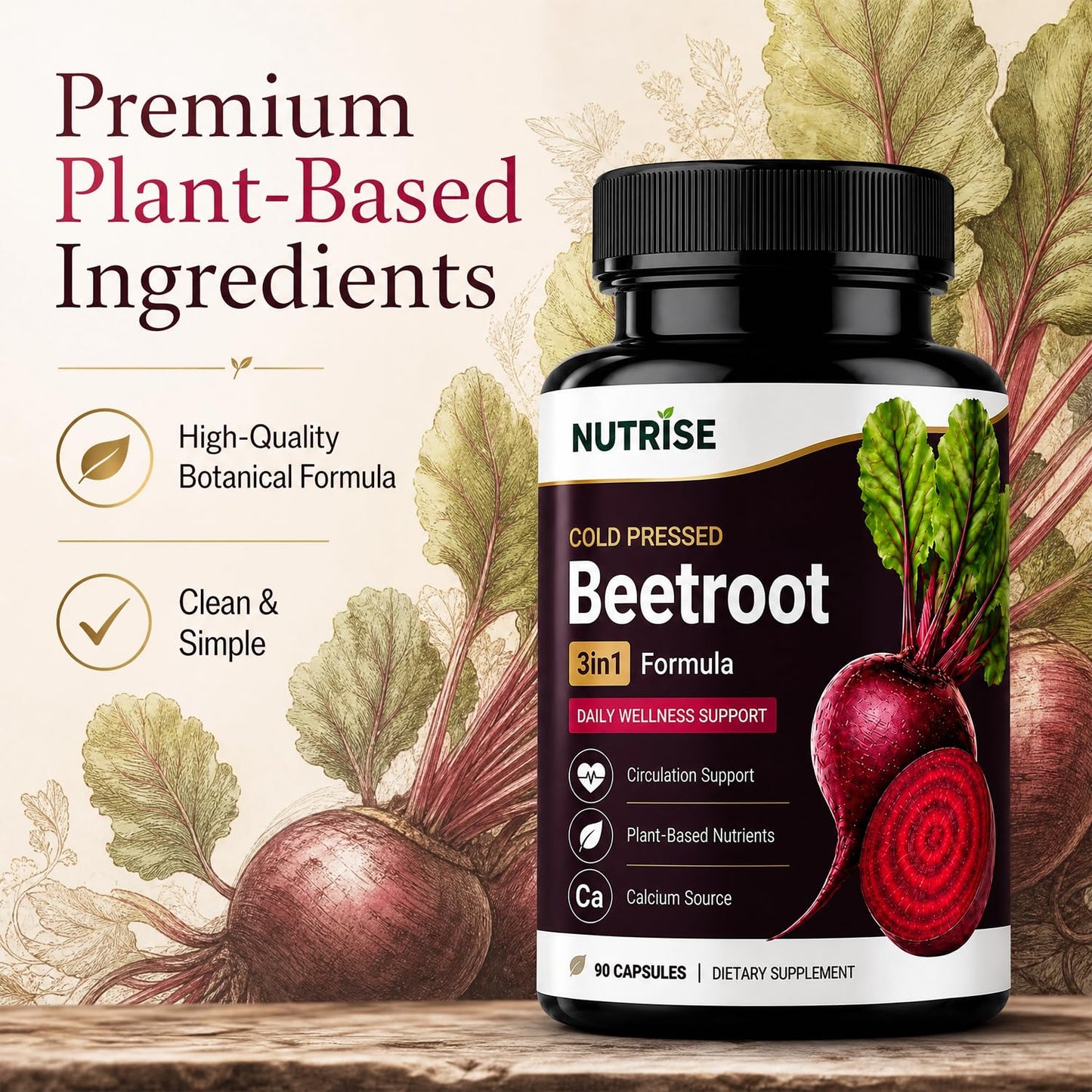 OVOVA Nutrise Beetroot Capsules with Grape Seed Extract, 3-in-1 Plant-Based Formula, Vegan Non-GMO, 90 Capsules