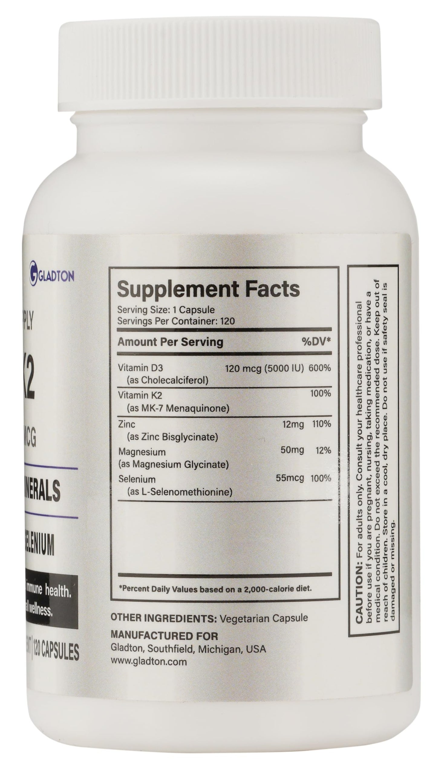 GLADTON Vitamin D3 + K2 Complex with Zinc, Magnesium & Selenium, 120 Capsules