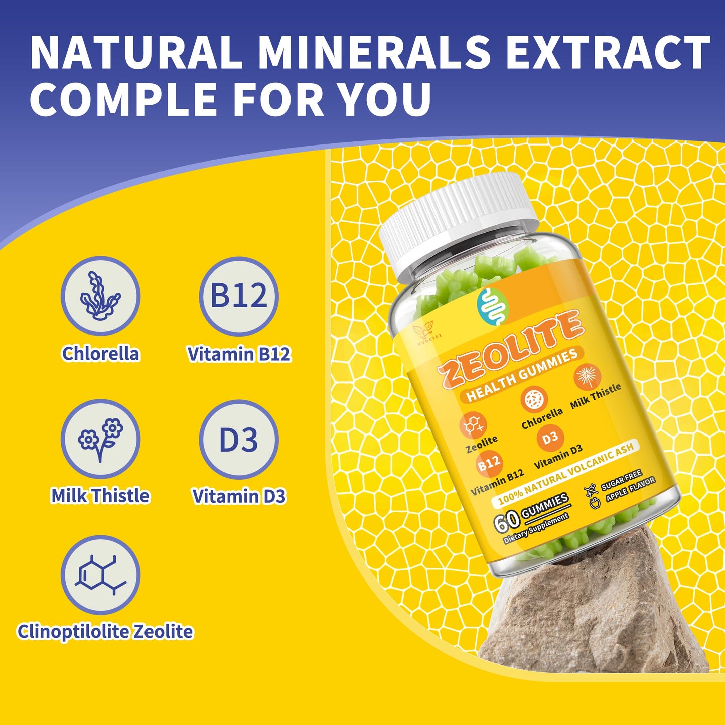 Hudetex Zeolite Gummies for Kids, Women and Adults, Pure Zeolite Clinoptilolite, Chlorella, Milk Thistle & Vitamins-Heavy Metal, Focus, Gut & Immune Support, Vegan, Sugar Free, Apple Flavor, 60 Gummies