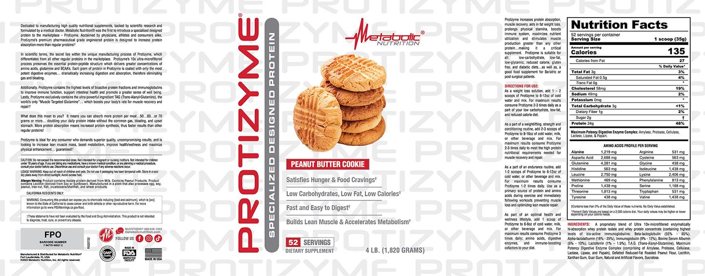 Metabolic Nutrition Protizyme 100% Whey Protein Powder, 64 Servings, Peanut Butter Cookie