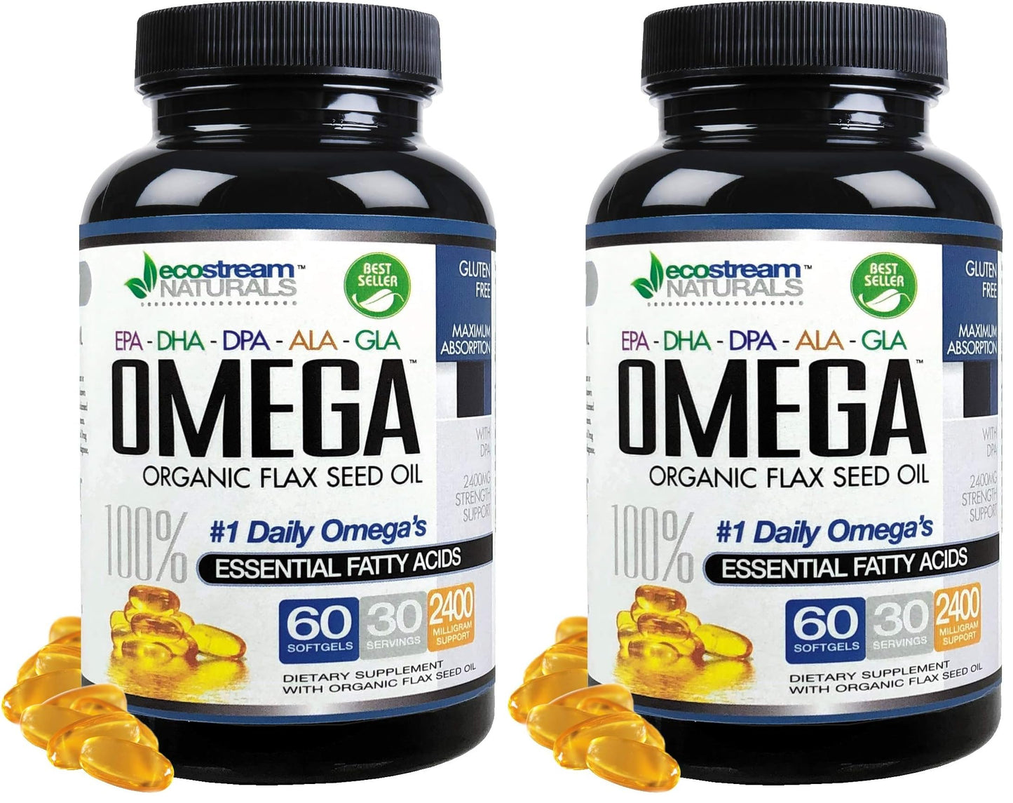 ecostream Naturals Omega 3-6-9 Blend with DPA, EPA, DHA, ALA and GLA and Organic Flax Seed Oil Softgel 120