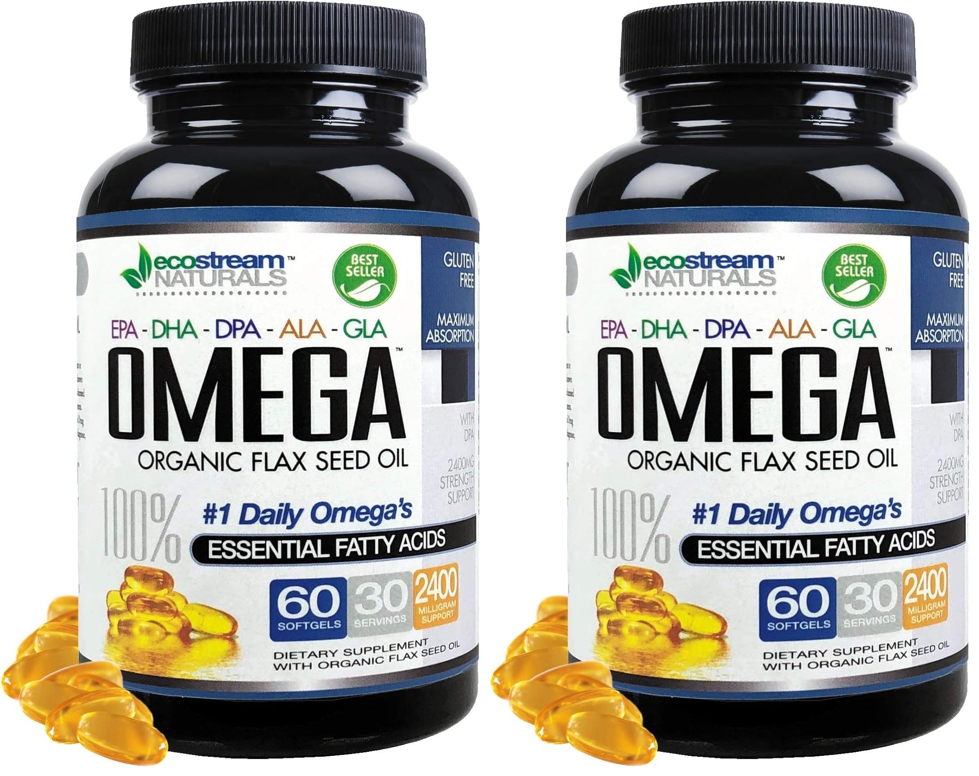ecostream Naturals Omega 3-6-9 Blend with DPA, EPA, DHA, ALA and GLA and Organic Flax Seed Oil Softgel 120
