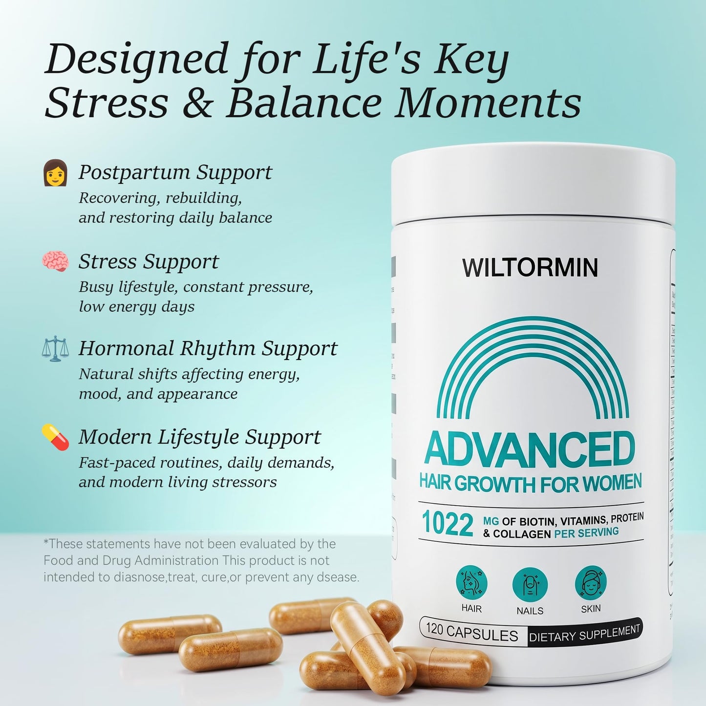 Wiltormin Hair Growth Supplements for Women, Ages 30 and Up - Clinically Tested for Visibly Thicker Hair with Biotin 10,000mcg, Vitamins, Keratin, Collagen, Saw Palmetto, Supports Scalp, Skin & Nails, 120 Capsules