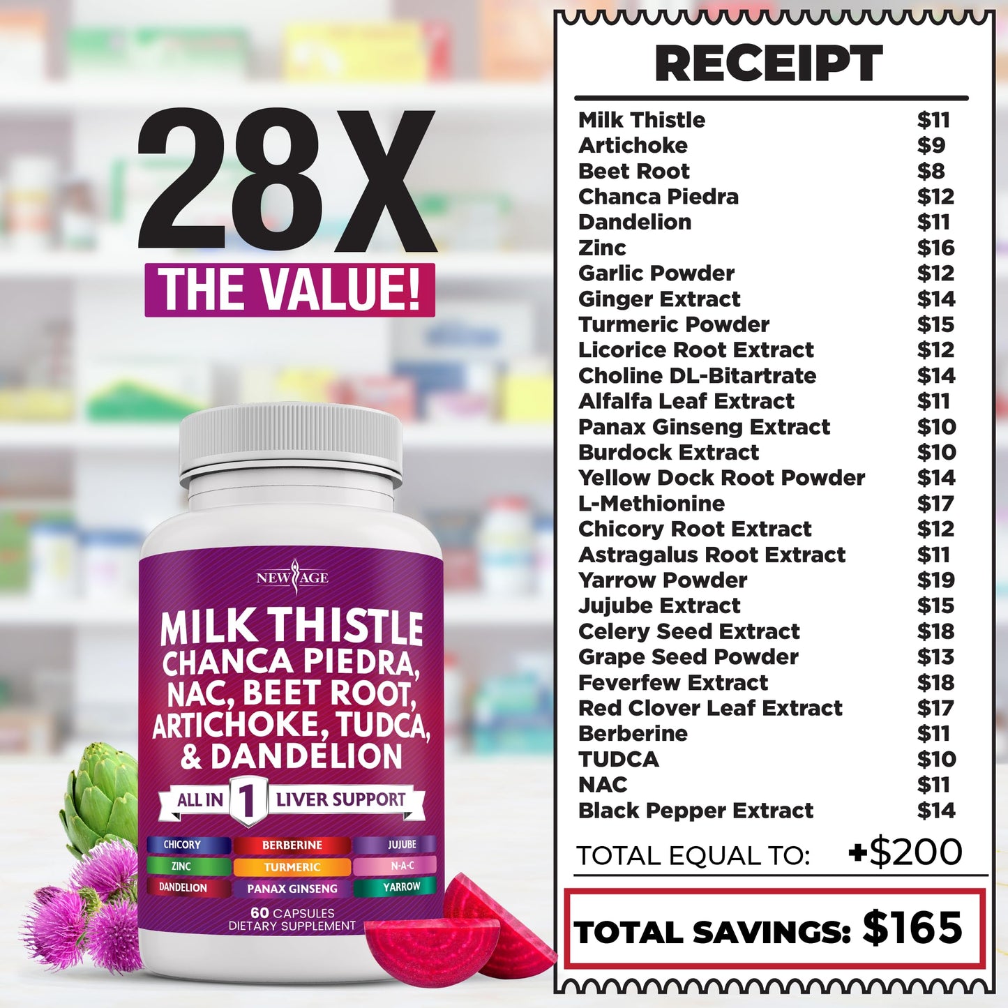 NEW AGE Milk Thistle NAC Chanca Piedra Beet Root Artichoke Dandelion Root Astragalus Plus TUDCA & Ginger Capsules 60 Count