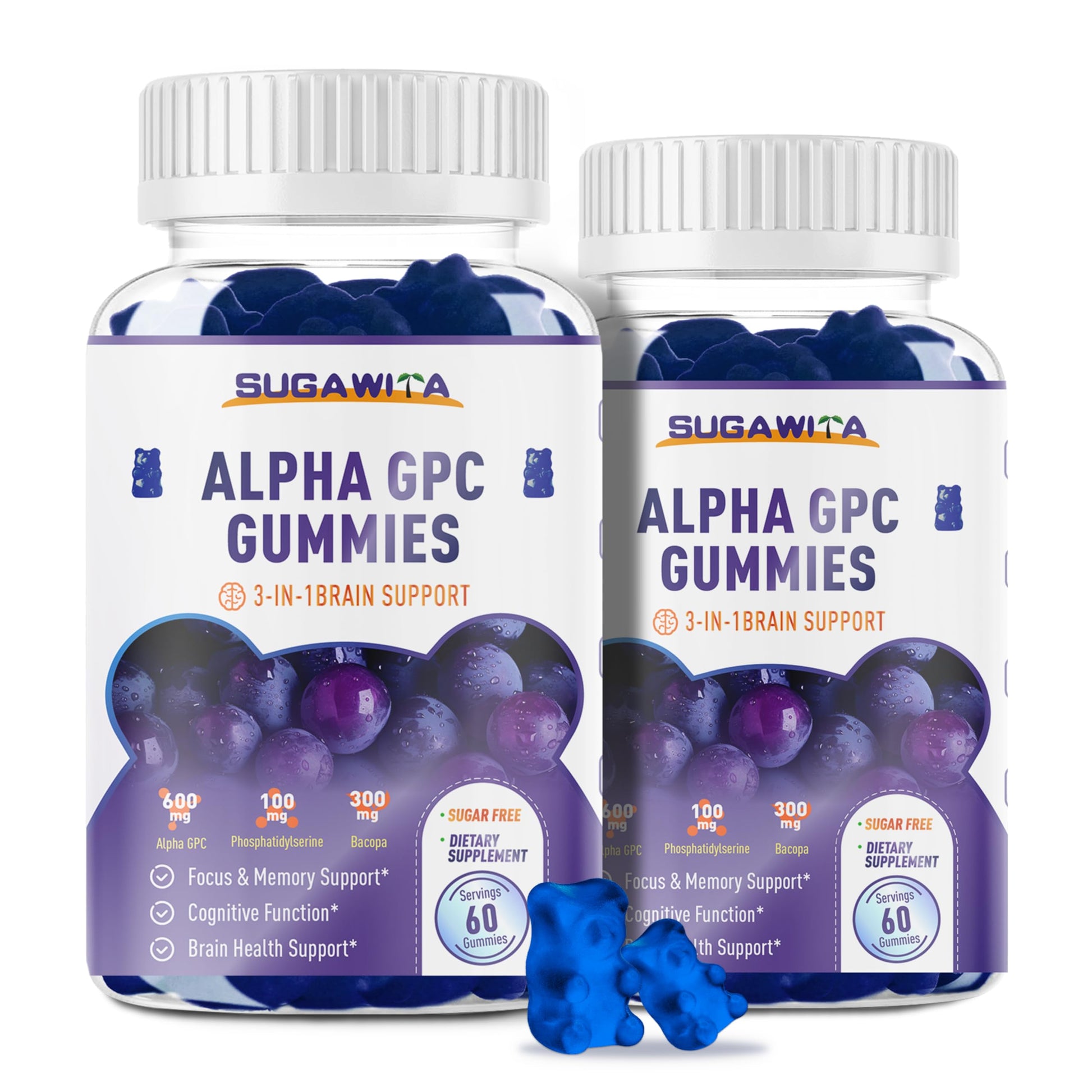 Sugawita Alpha GPC Choline Gummies 600mg with Phosphatidylserine & Bacopa, 120 Count