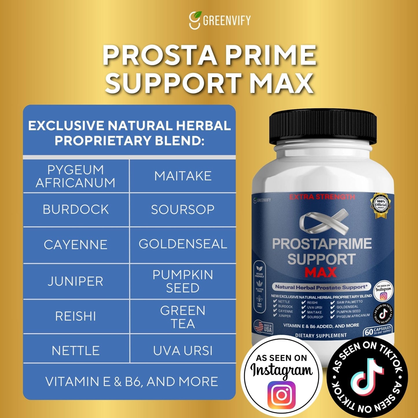GREENVIFY Prostaprime Support Max Extra Strength Prostate Supplement Herbal Blend with Saw Palmetto Capsule, 60 Count