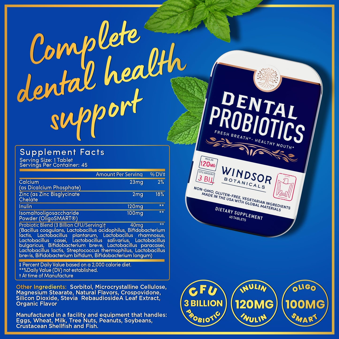 WINDSOR BOTANICALS Dental Probiotics for Teeth and Gums, 3BN CFU Lactobacillus Salivarius Acidophilus Tablets, 270 Chewable Tablets