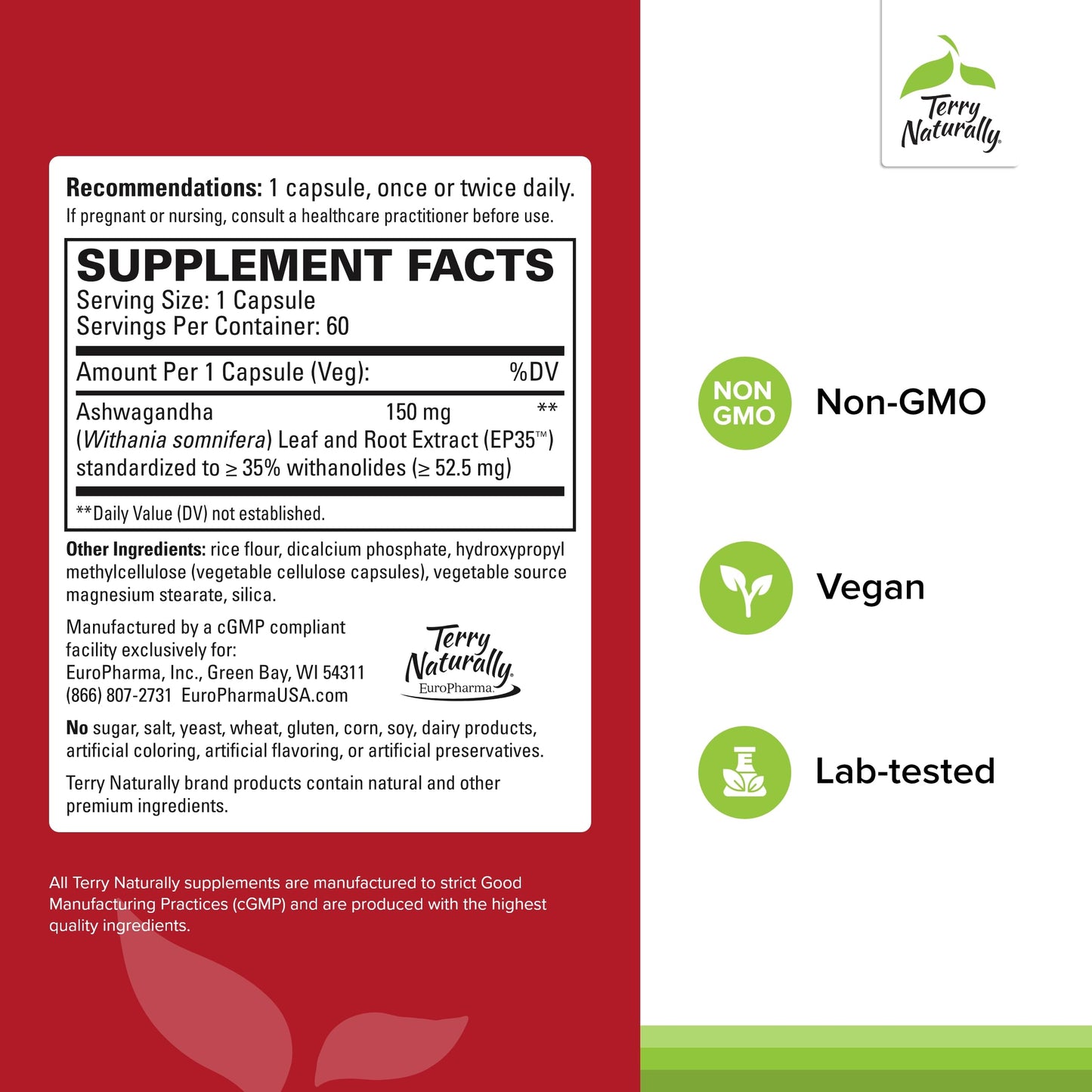 Terry Naturally Ashwagandha EP35 Extra Strength - Herbal Supplement for Sleep Support - Aid Healthy Stress Response - Endurance & Energy Support 120 Capsules