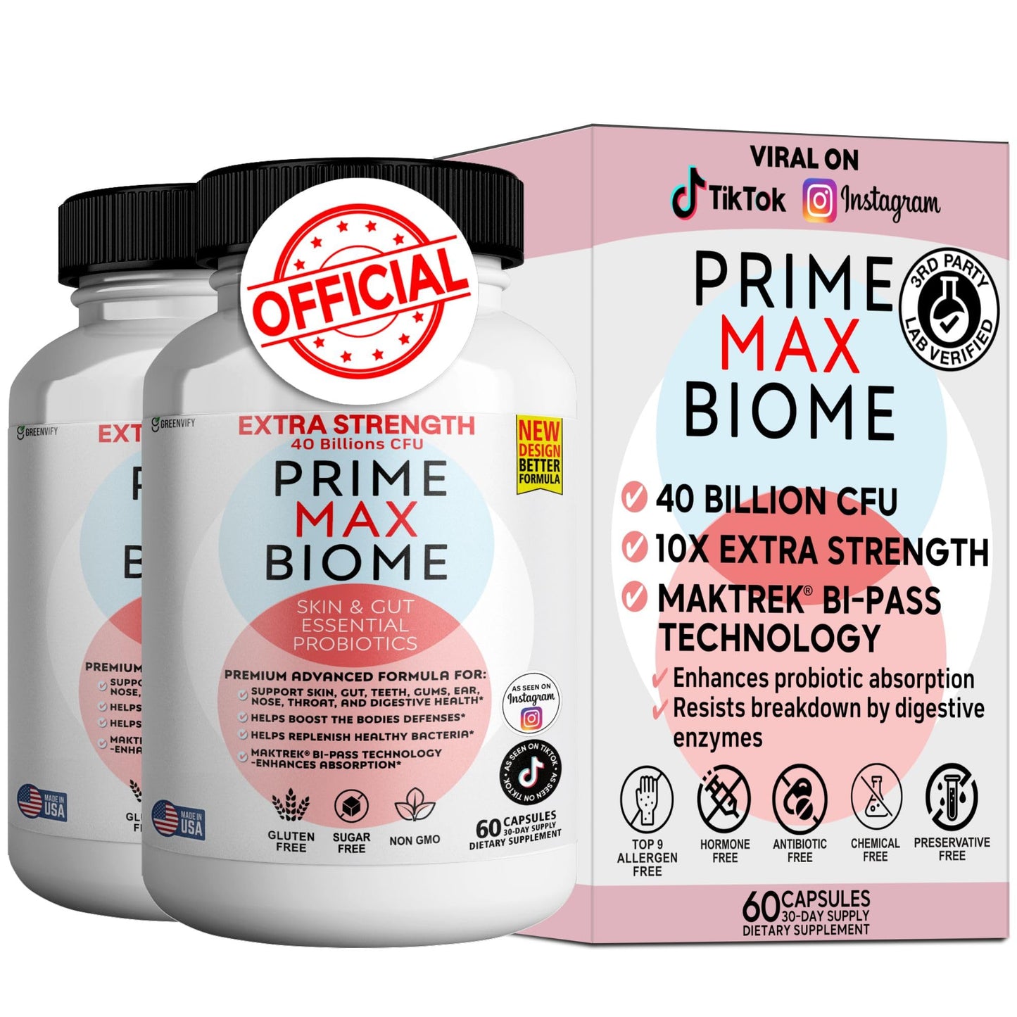 GREENVIFY Prime Max Biome Probiotics 40 Billion CFU Extra Strength Skin & Gut Support with MAKTrek Bi-Pass Technology 4 Strains + Prebiotics Non-GMO, Gluten-Free, 120 Capsules