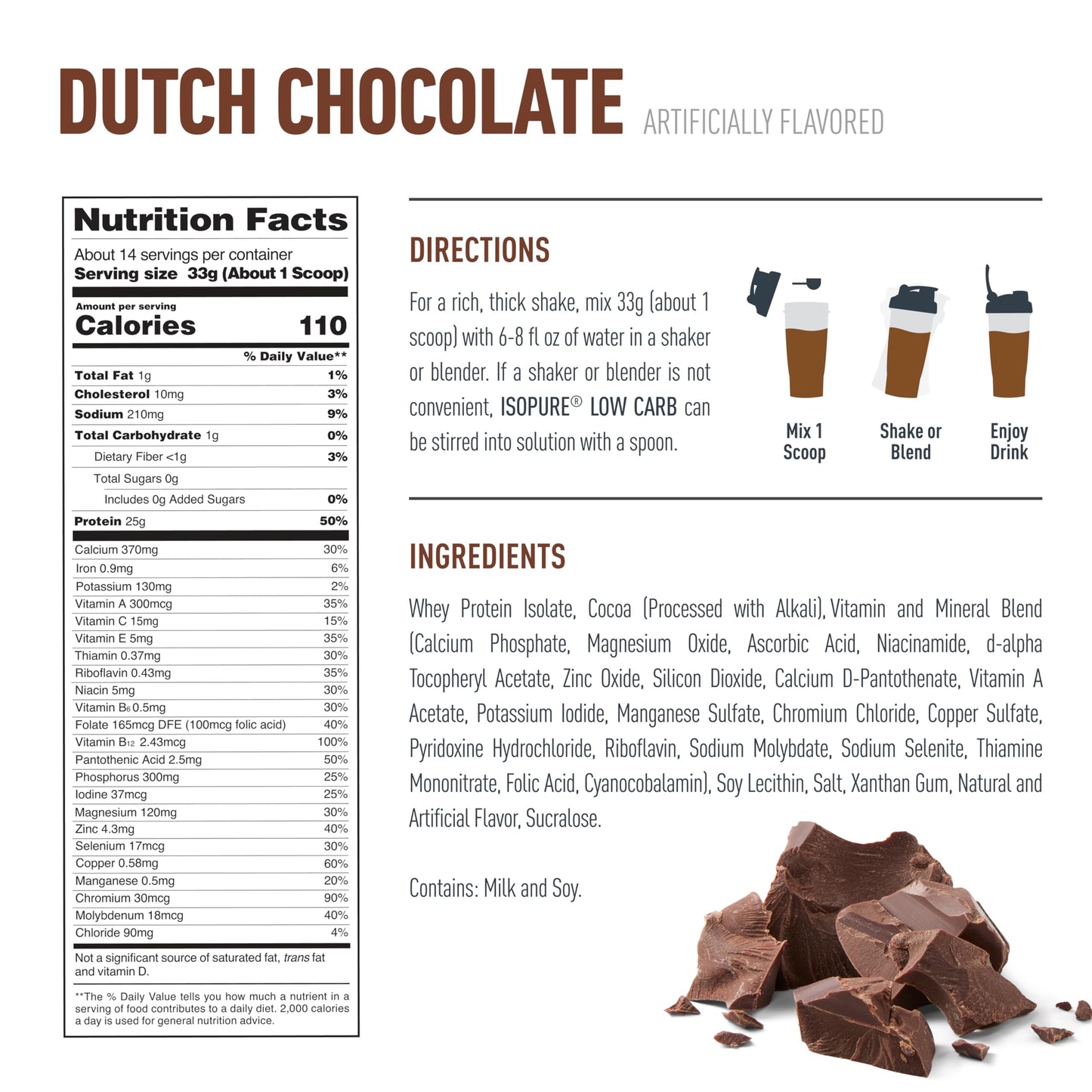 Isopure Low Carb 100% Pure Whey Isolate Protein Powder, Dutch Chocolate, 16 Servings, 1 lb