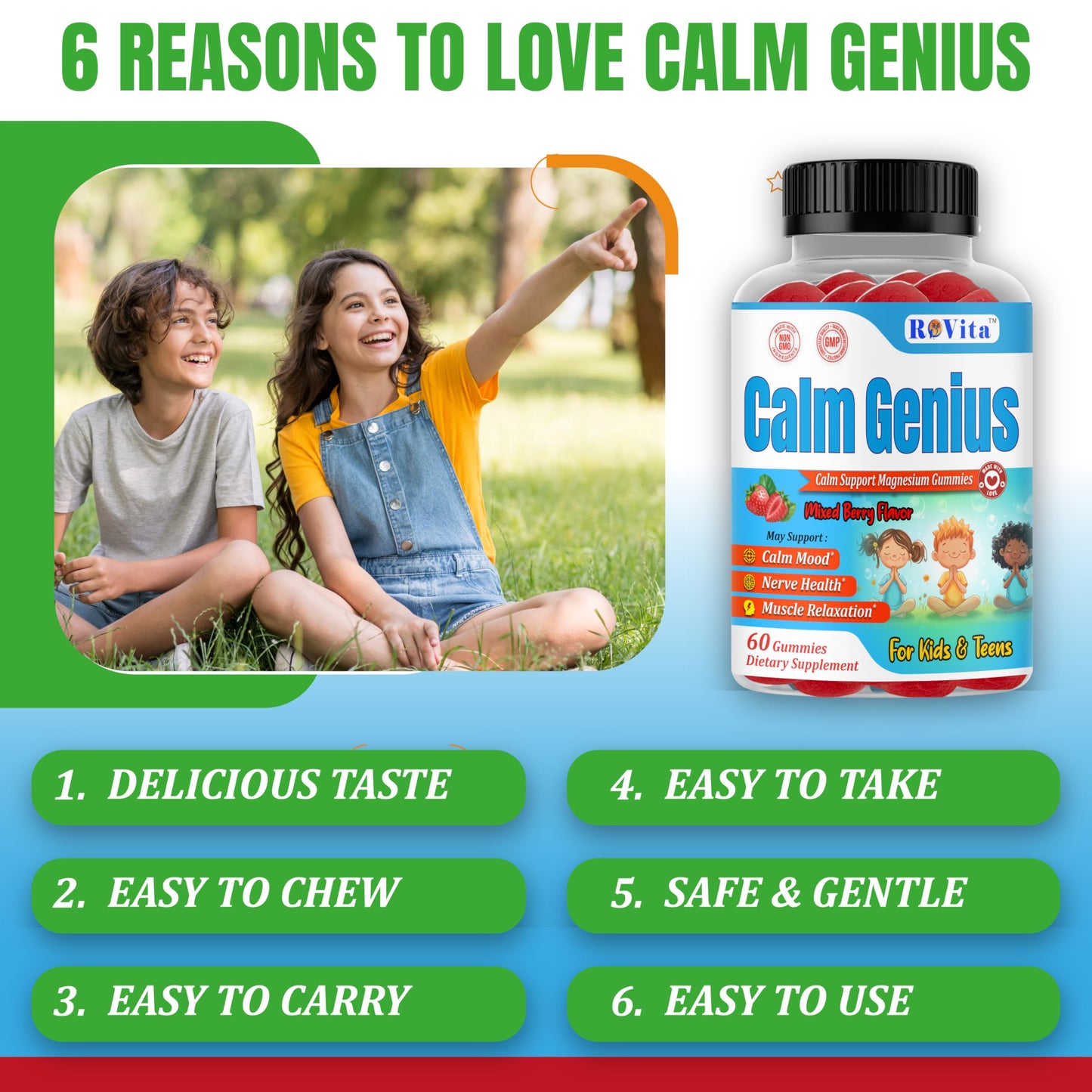 ROVita Calm Genius Kids Magnesium Gummies, Magnesium Citrate Kids Supplement for Relaxation & Daily Wellness, 60 Gummies