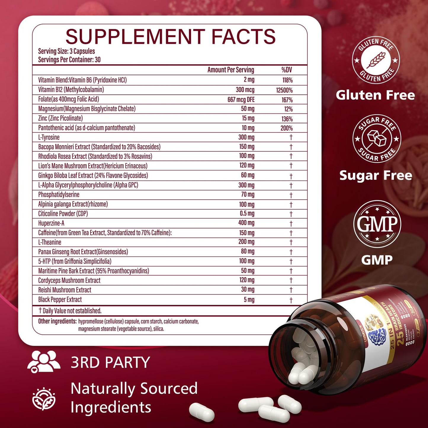 UIMISX Alpha GPC, Huperzine-A, L-Tyrosine and Phosphatidylserine, Plus Vitamin B6 & B12 Capsules, 90 Count
