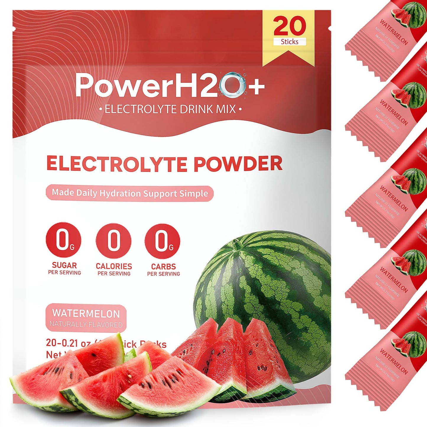 PowerH2O+ Watermelon Electrolytes Powder, 20 Sticks