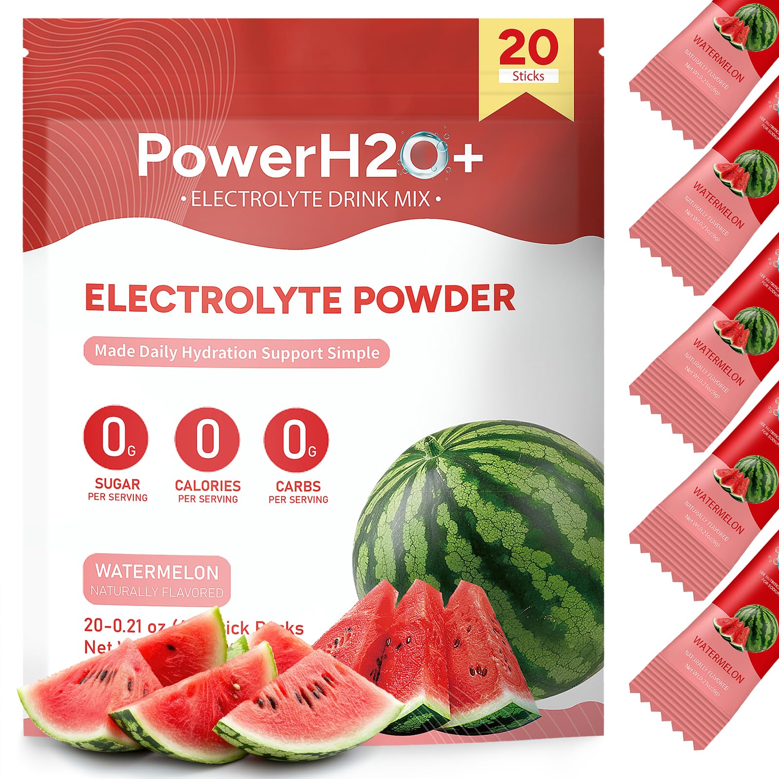 PowerH2O+ Watermelon Electrolytes Powder, 20 Sticks