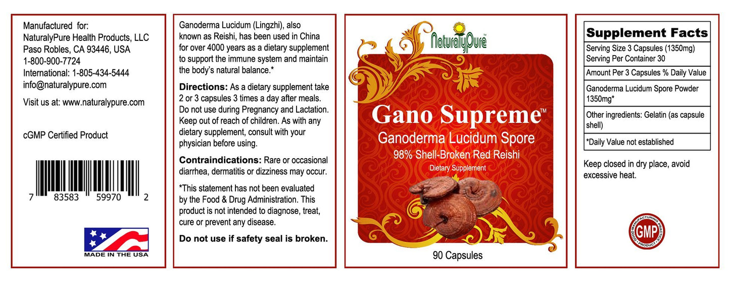 NaturalyPure Gano-Supreme Ganoderma Lucidum Spore (Reishi), Pure 98% Shell-Broken Reishi, No Fillers Capsule 90