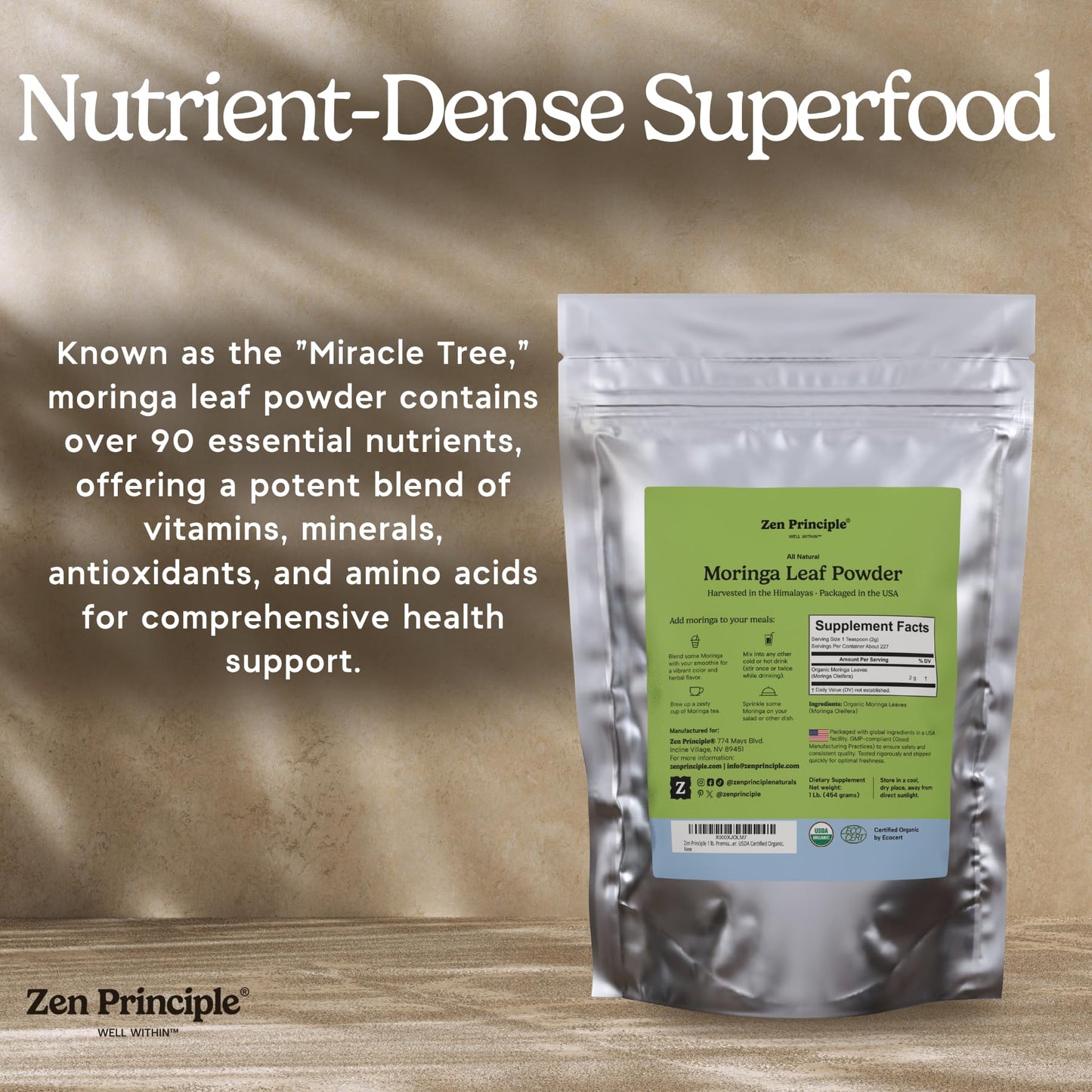 Zen Principle Moringa Oleifera Leaf Powder, Organic, 32 oz